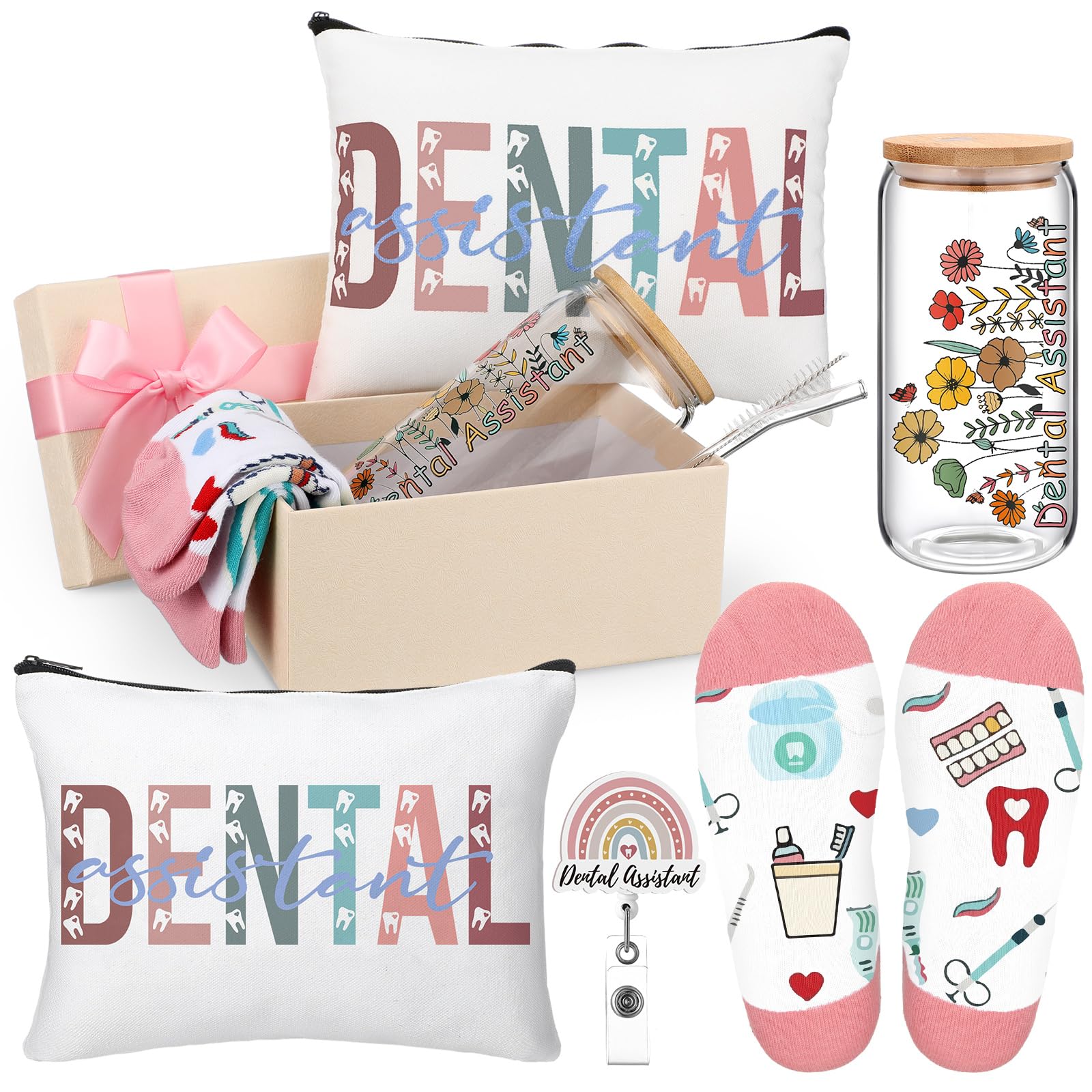Skylety 5 Pcs Dental Assistant Gifts Women Dentist Gift 16oz Cup Socks Cosmetic Bag Badge Holder Dental Hygienist Appreciation G