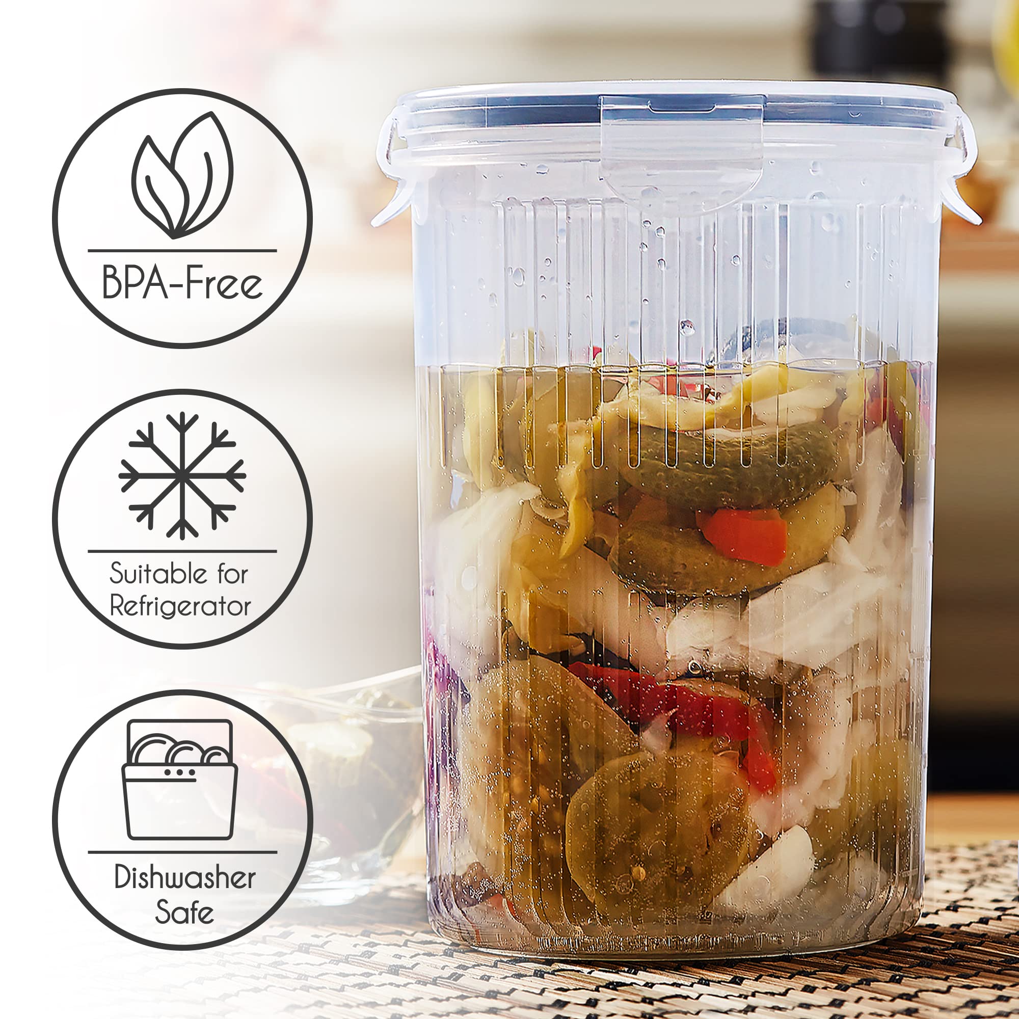Crystalia Pickle Jar With Strainer Insert, Deli Food Storage Container, Pickle Holder Keeper Lifter, Bucket Of Pickles, Barrel O