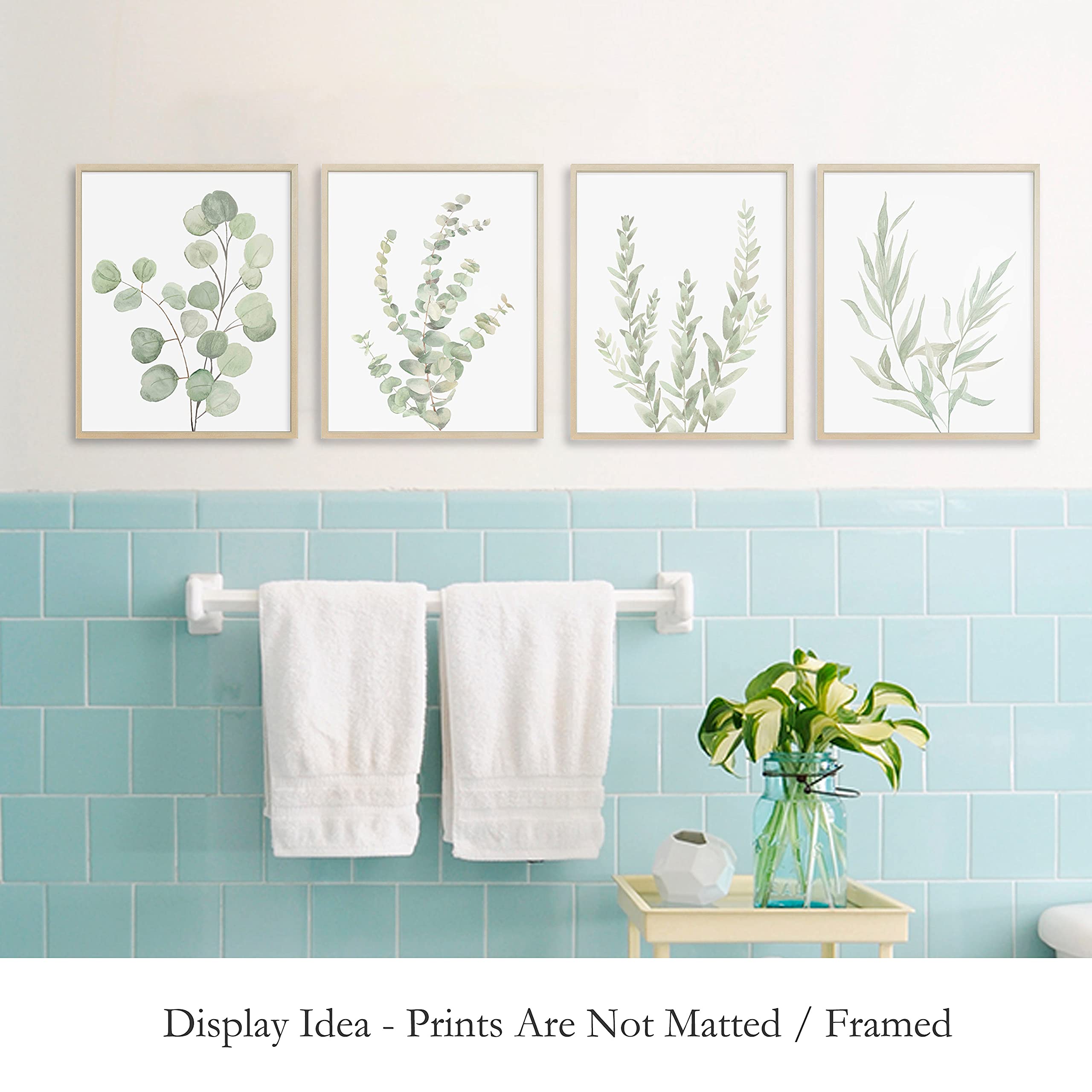 Howwii Botanical Boho Wall Art Prints, Set of 4 Eucalyptus Decor, Unframed 8"x10", Green Watercolor for Bedroom/Office