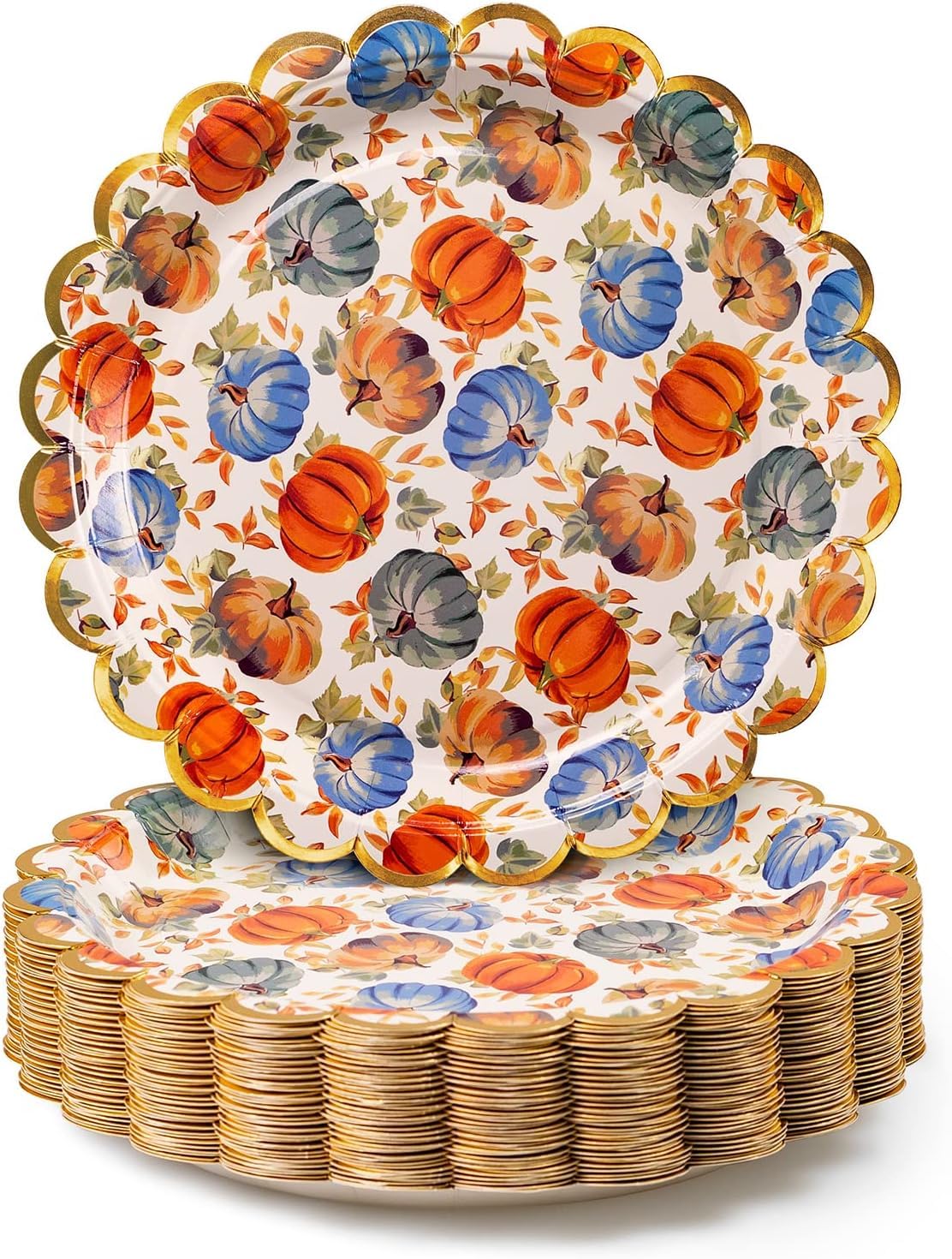 Confettiville Thanksgiving Paper Plates, 50-Count Fall-Themed Decorative Disposable Serving Plates, Pale Apricot, Gold Foil Scal