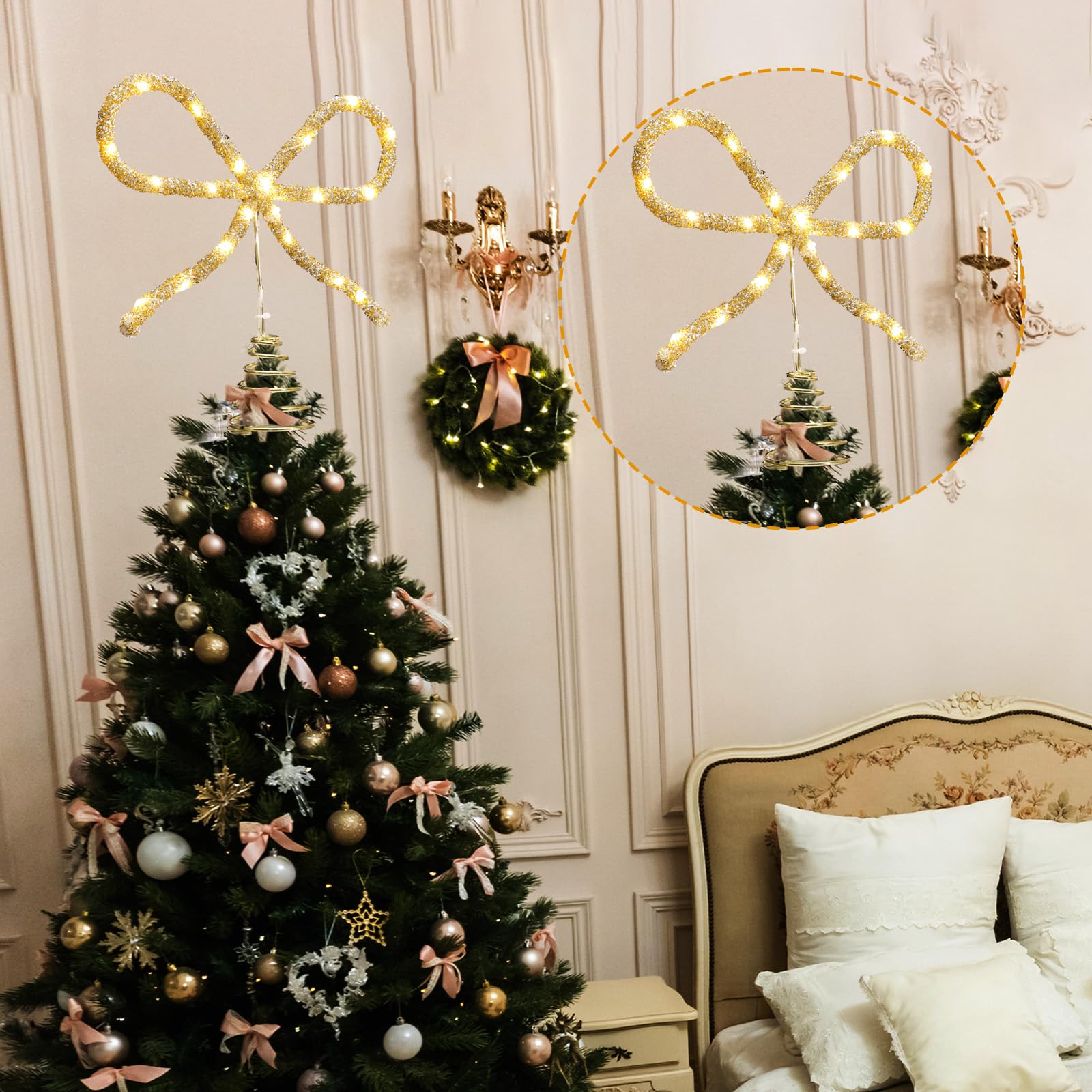 Retisee 9.8 Christmas Bow Tree Topper Gold Rhinestone Bow LED Tree Topper Christmas Decorations Decor for Xmas Holiday Wedding B