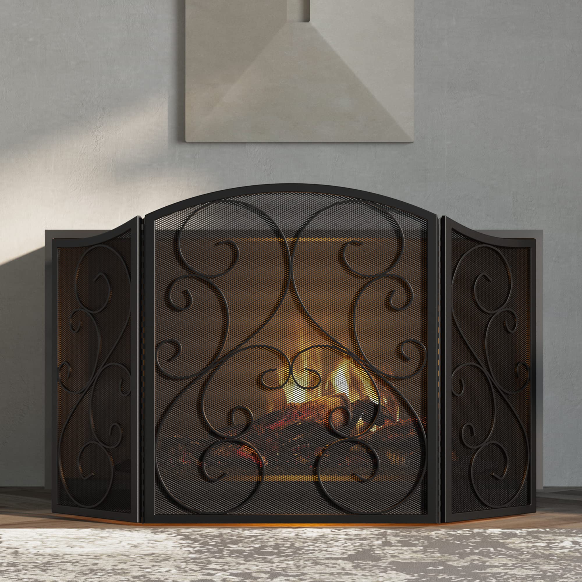 Fire Beauty Fireplace Screen 3 Panel Wrought Iron Black Metal 48 ''(L) x30(H) Spark Guard Cover(Black)