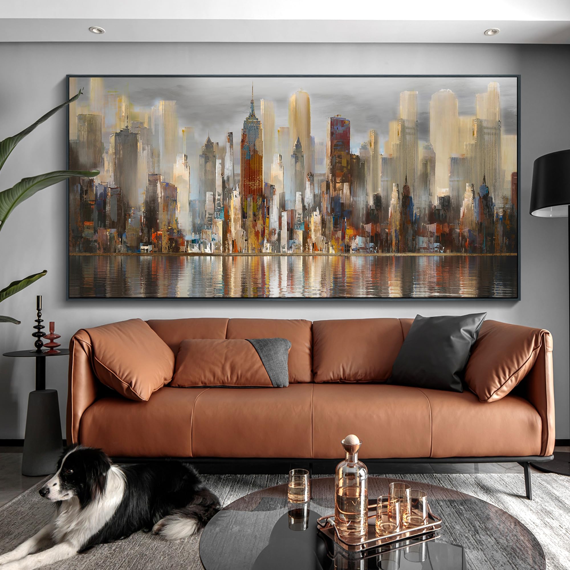 Mofutinpo Large Black Framed Cityscape New York Abstract Wall Art Brown City Theme Paintings Modern Canvas Office Wall Decor Liv
