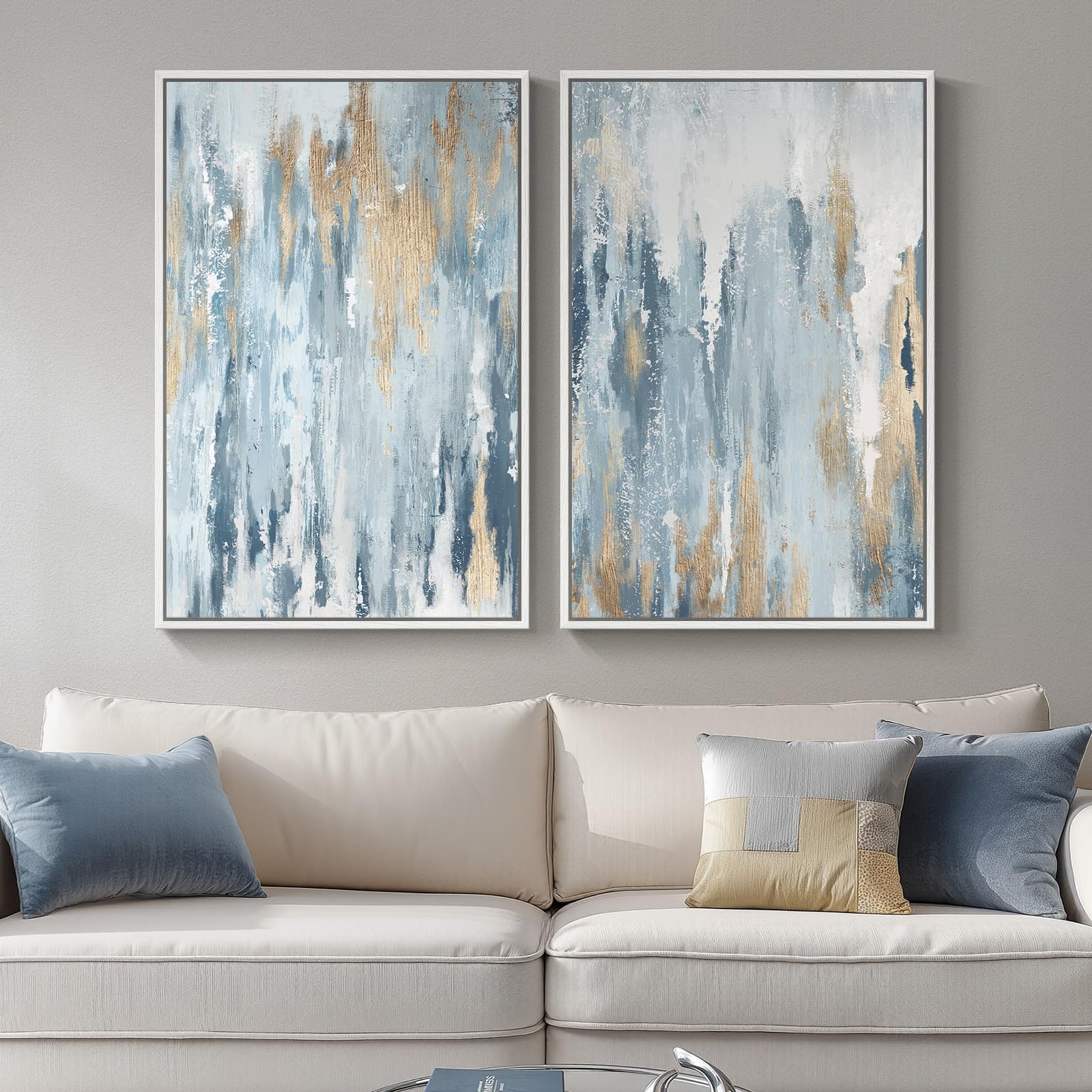 Large Framed Blue And Gold Abstract Wall Art For Living Room, 2 Piece Modern Canvas Prints Paintings Artwork For Walls, Minimali