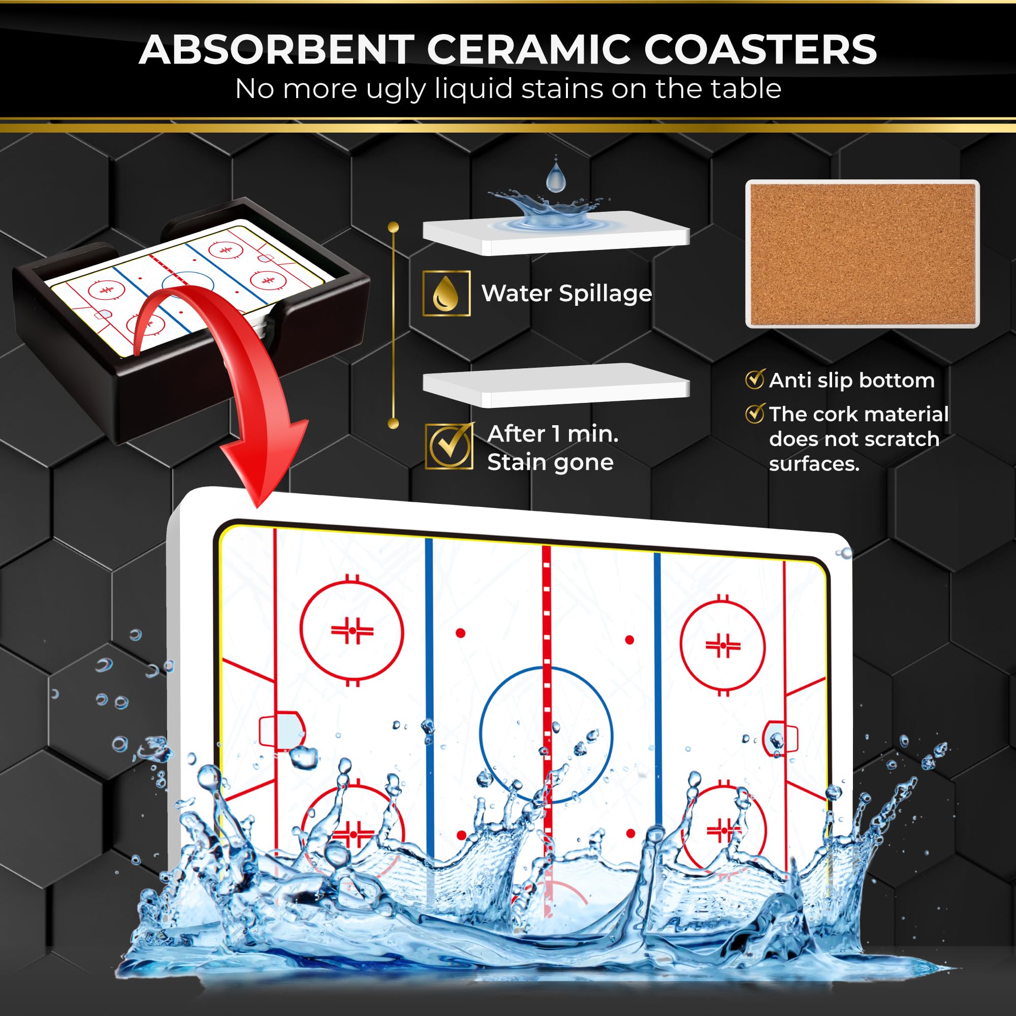 Ice Hockey Rink Ceramic Coasters With Holder. Absorbent Coaster For Drinks, Coaster Set, Table Coaster. Gift For Men, Hockey Dec