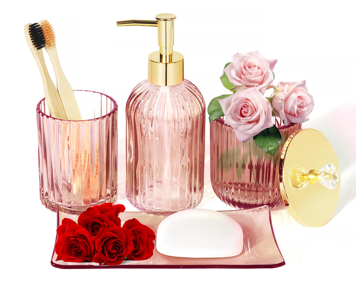 Designer Pink Glass Bathroom Accessories Sets - 4 Pcs With Lotion Soap Dispenser, Bathroom Toothbrush Holder, Vanity Tray, And A