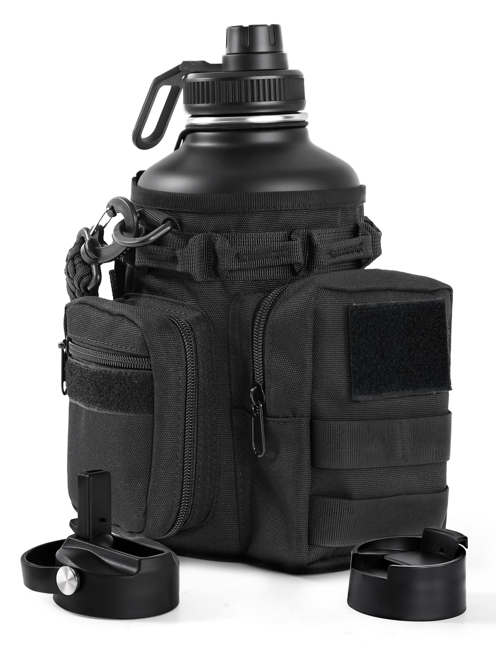banloga Tactical Half Gallon Water Bottle with Straw, 64 Oz Insulated Water Jug with Molle Water Bottle Holder, Stainless Steel 