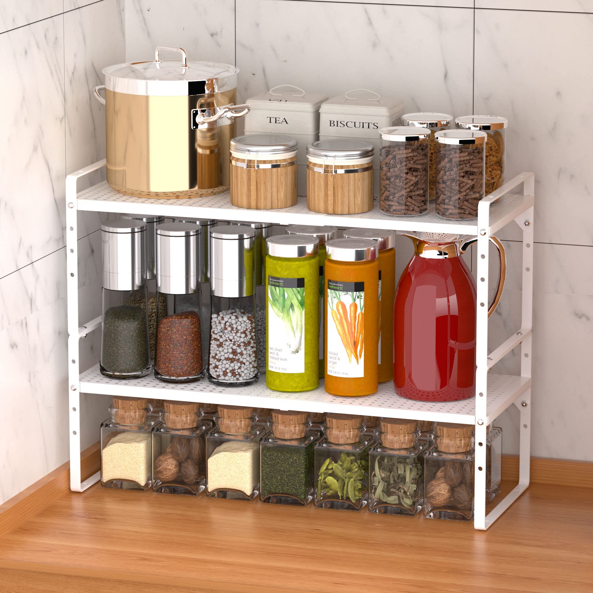 Arcci Expandable Kitchen Cabinet Shelf Organizers 2 Pack, Stackable Metal Pantry Storage Shelves Rack, Adjustable Counter Shelf