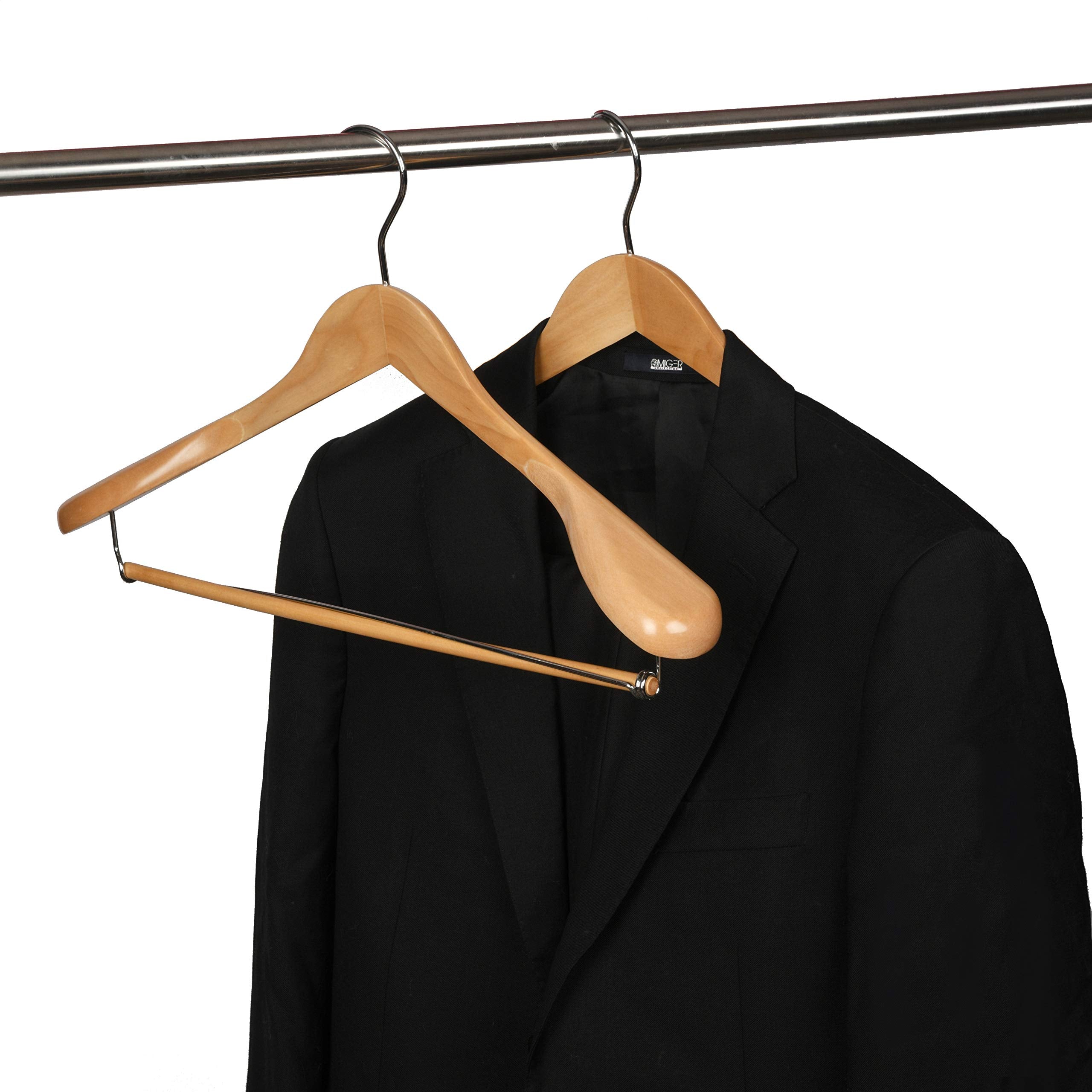 Luxury Wide Shoulder Wooden Hangers 2 Pack, With Locking Bar, Smooth Natural Finish Wood Suit Hanger Coat Hanger For Closet, Hol
