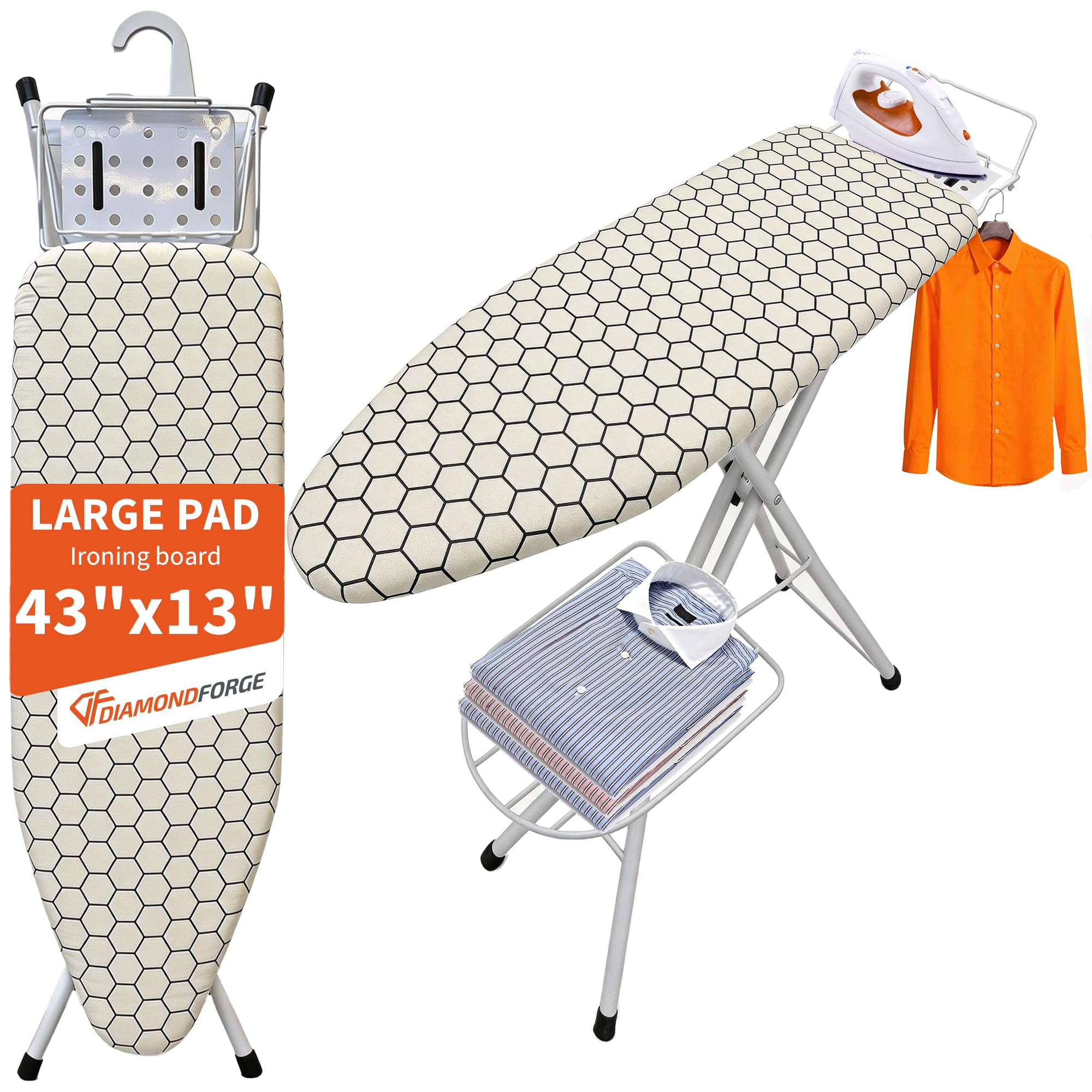 Ironing Board, 43  13 with Iron Rest, Clothes Shelf, Hanger Bar & Bulit-in Hook, Sturdy Iron Board with 7 Adjustable Height, 4 L