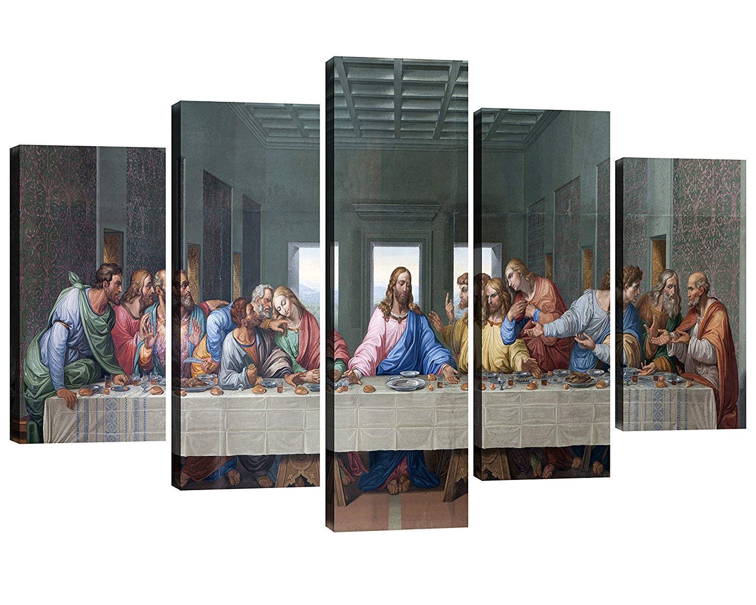 Fu-Keivy The Last Supper Wall Decor Jesus Canvas Wall Art Frame Pictures For Dining Room Kitchen 5 Piece Painting Wooden Framed