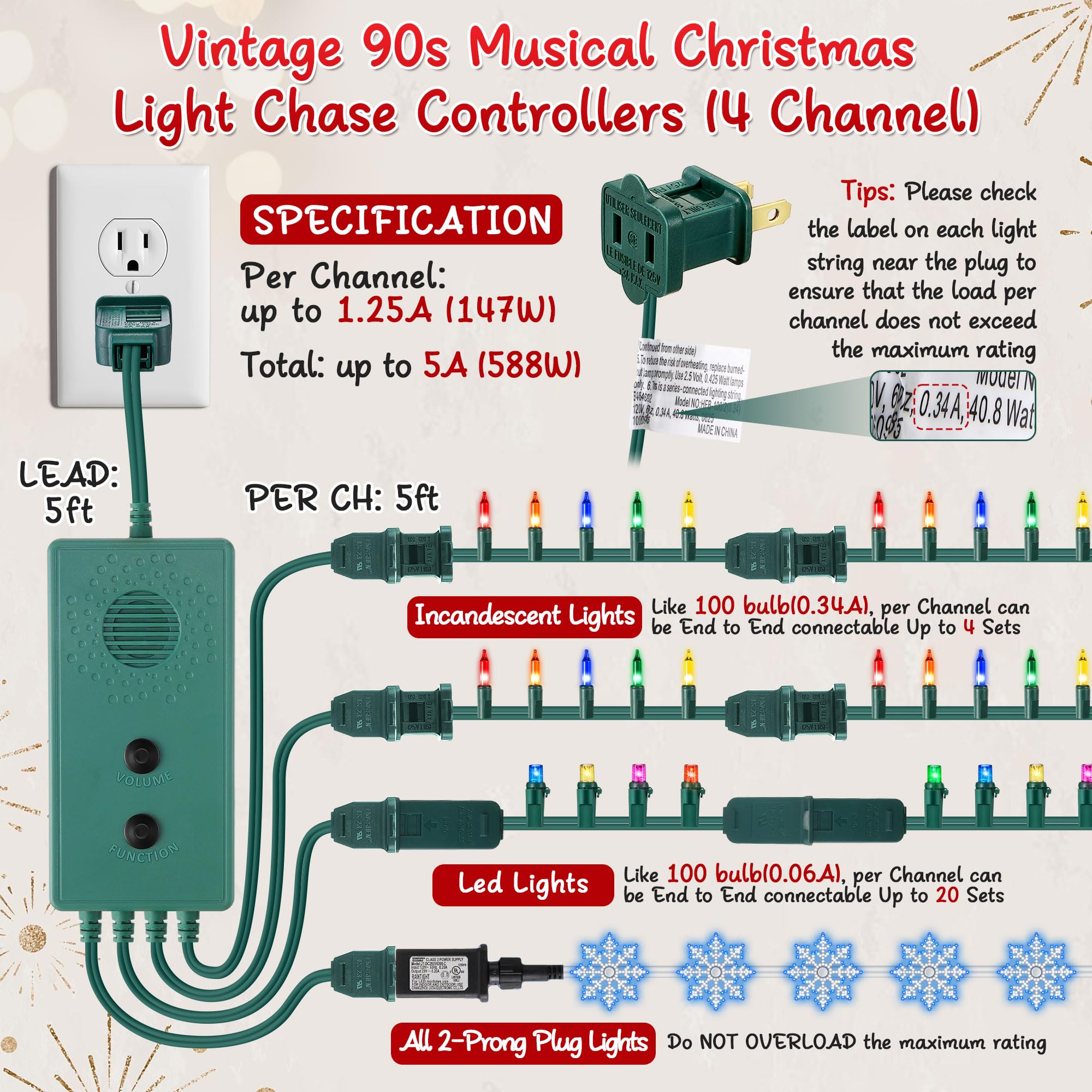 Enhon Vintage 90s Musical Christmas Lights Controller, Singing Christmas Tree Lights Controller with 25 Holiday Songs, 7 Functio