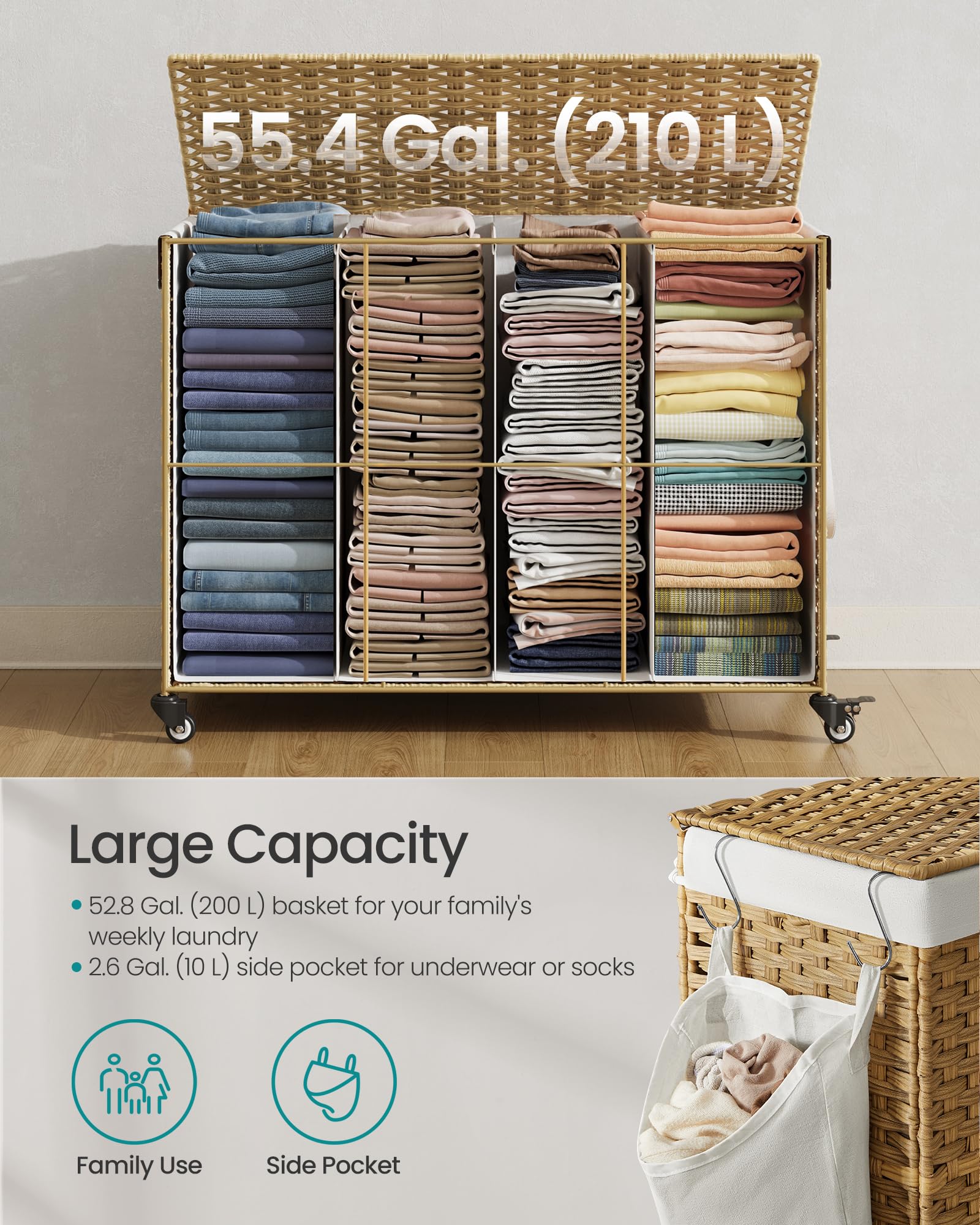 Songmics Laundry Hamper With Lid, 55.4 Gallons (210 L), Rolling Laundry Basket With Wheels, 4-Section Synthetic Rattan, Removabl