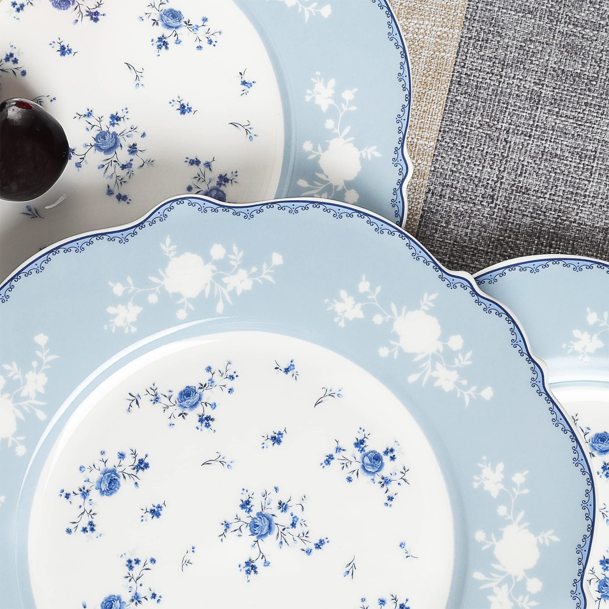 Fanquare 8 Inch Porcelain Dessert Plates Set Of 4, Lace Serving Bowls Set For Salad, Soup, Pasta, Snack, Blue Roses