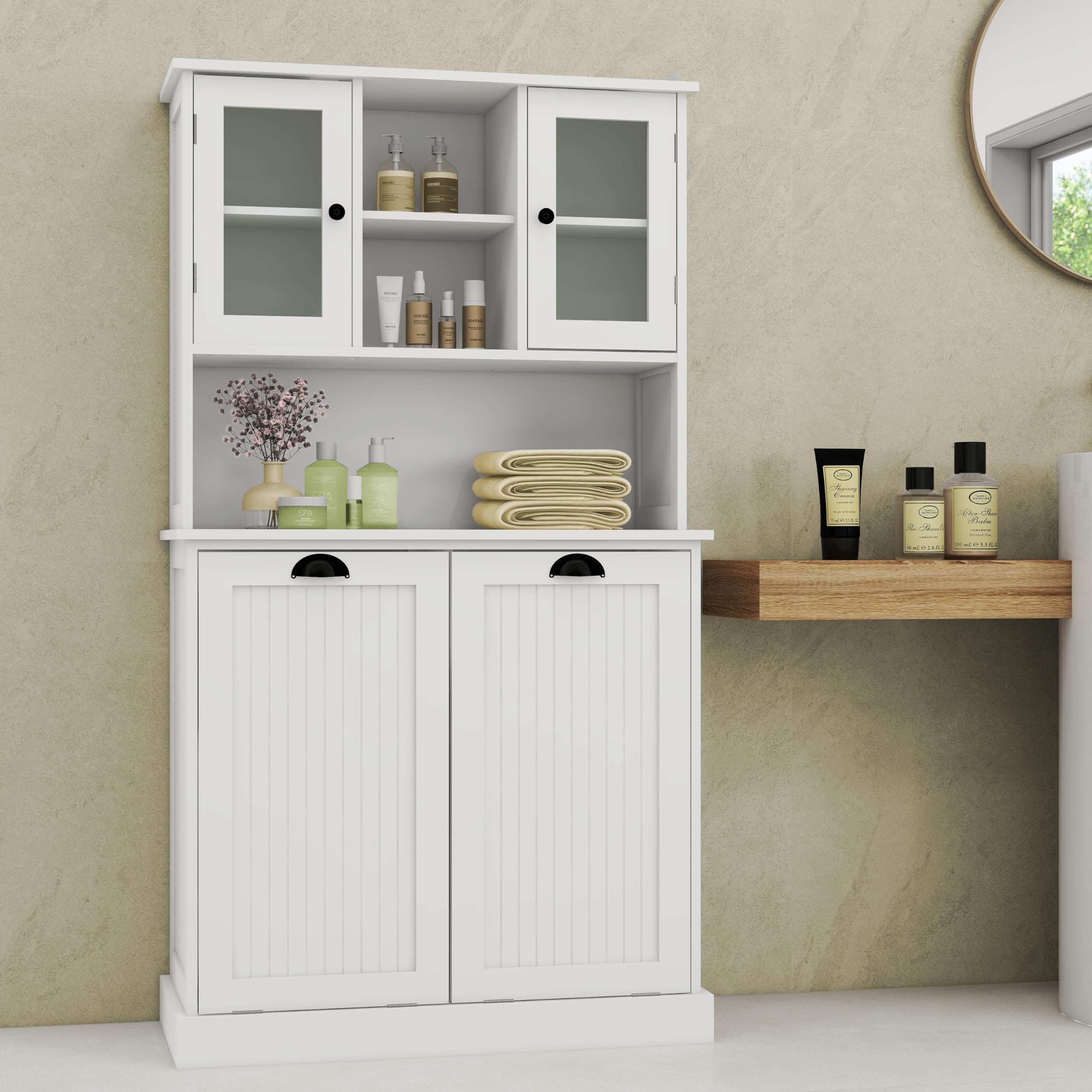Oqsc Tall Tilt-Out Double Doors Laundry Cabinet Hamper, Large Pull Out Laundry Room Storage Cabinets, Bathroom Cabinet With Hidd