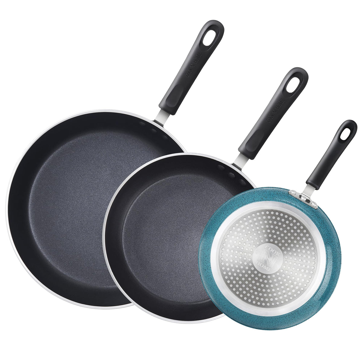 Cook N Home Nonstick Frying Pans Set 3 Piece, 8, 9.5, 11-Inch Kitchen Cooking Skillets Saute Fry Pan Induction Compatible, Turqu