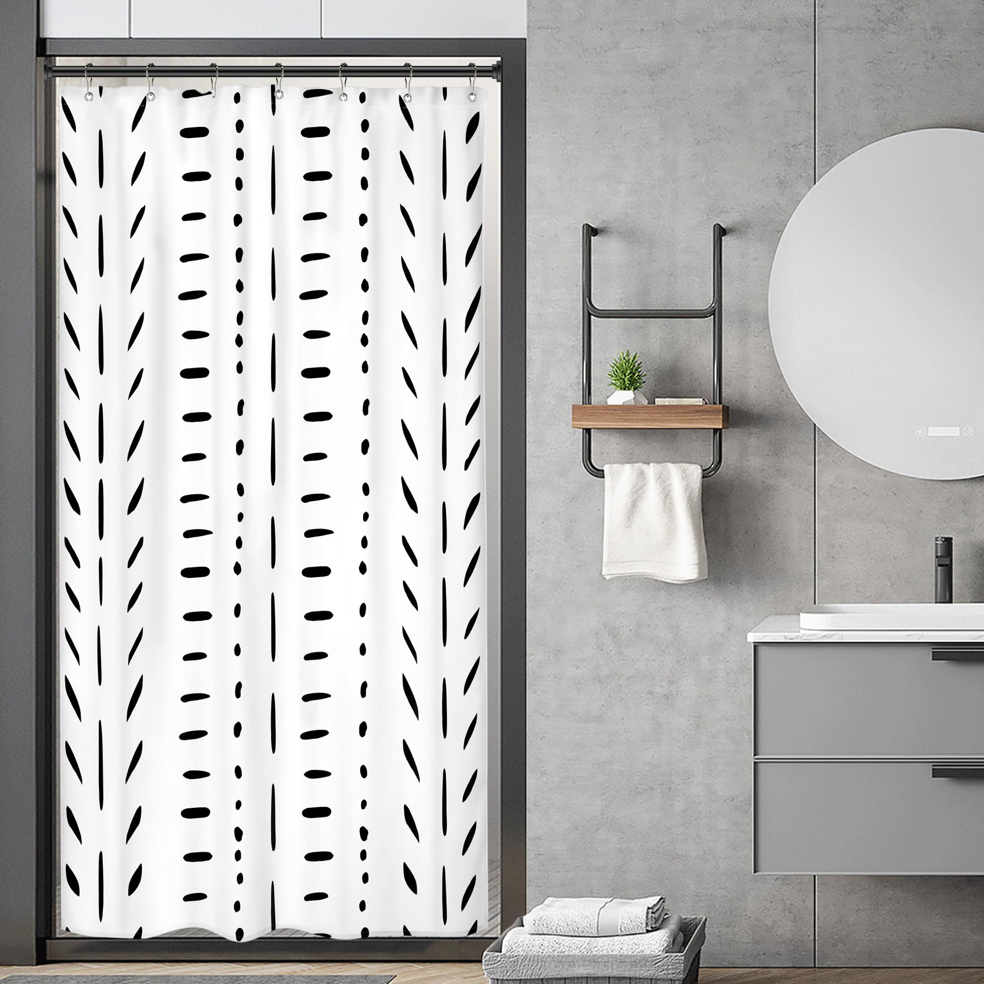 Riyidecor Boho White Black Stall Small Half Size Dorm Shower Curtain 36x72 Inch Striped Geometric Chevron Herringbone Single Nar