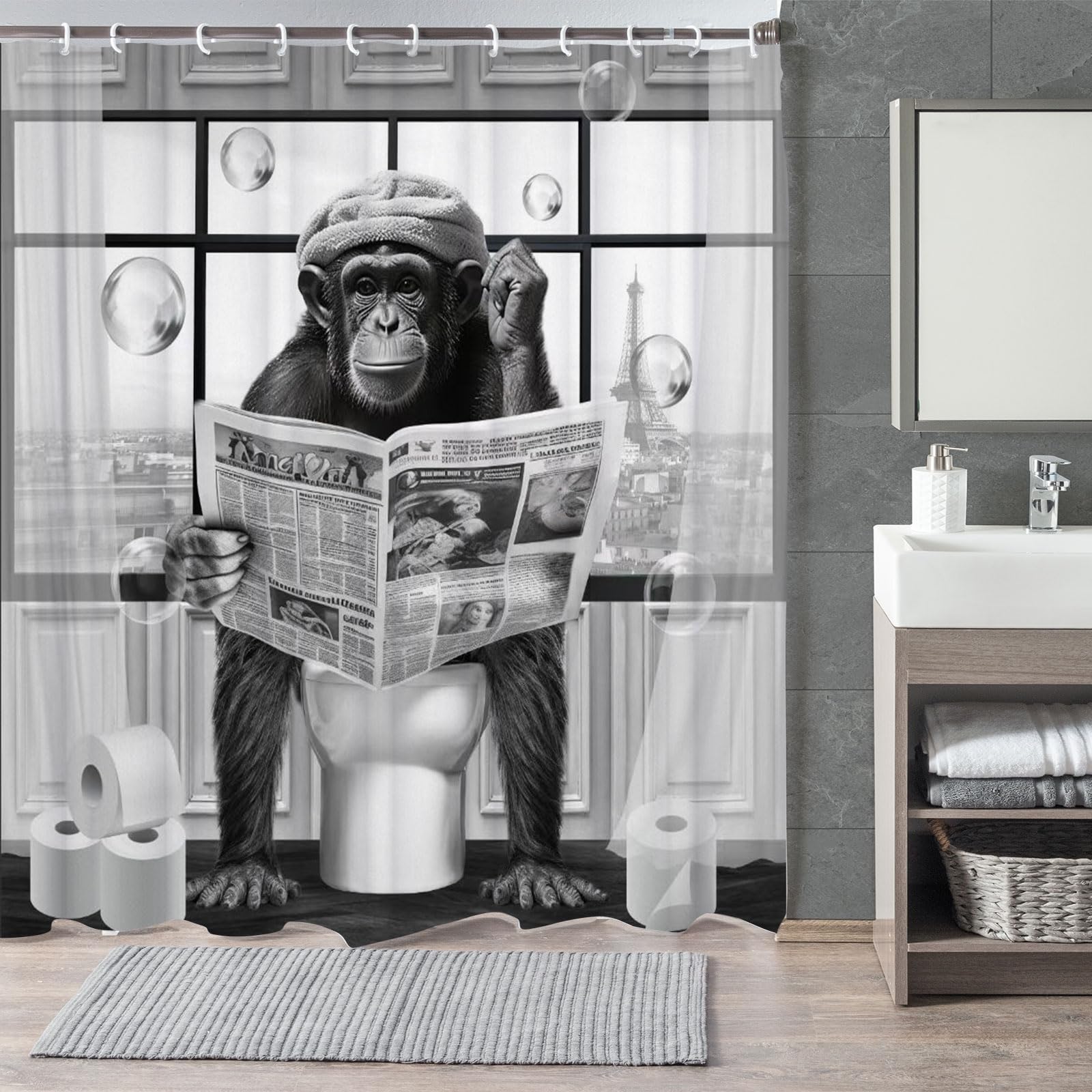 Lkfbsc Funny Monkey Shower Curtain, Black And White Fun Chimpanzee Animal On Toilet Bathroom Curtains, 72X72 Humorous Shower Cur