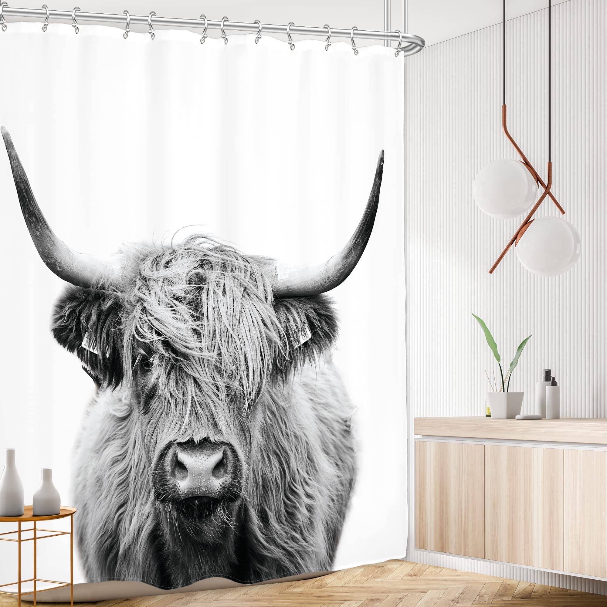 AMBZEK Western Cow Shower Curtain 72Wx72H Inch Bull Highland Cow Portrait Primitive Farm Bathroom Accessories Farmhouse Cattle Animal Wildlife Funny White Art Fabric Bathroom Decor Set with 12 Hooks