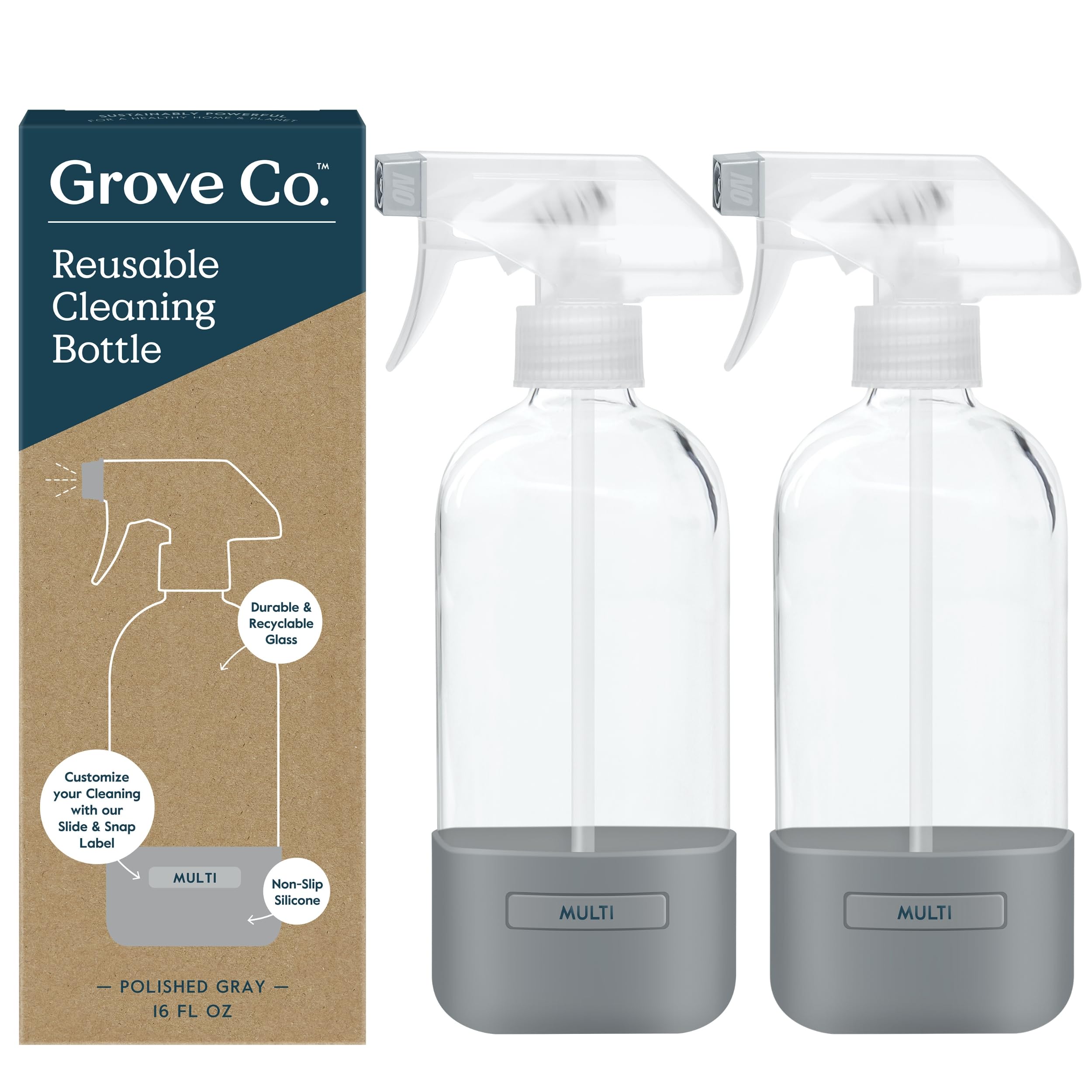 Grove Co. Glass Spray Bottles for Cleaning Solutions, 2-Pack Bundle, Unique Silicon Sleeve Slide & Snap Custom Label, Refillable