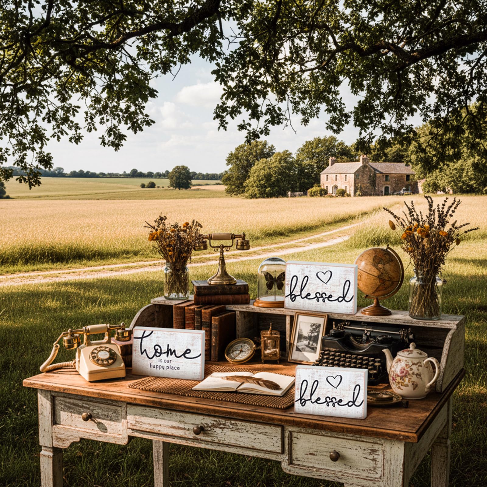 Jetec 3 Pcs Wooden Family Sign Rustic Blessed Home Wall Art Mini Wood Wall Decor Farmhouse Table Shelves Decoration Sign for Bed