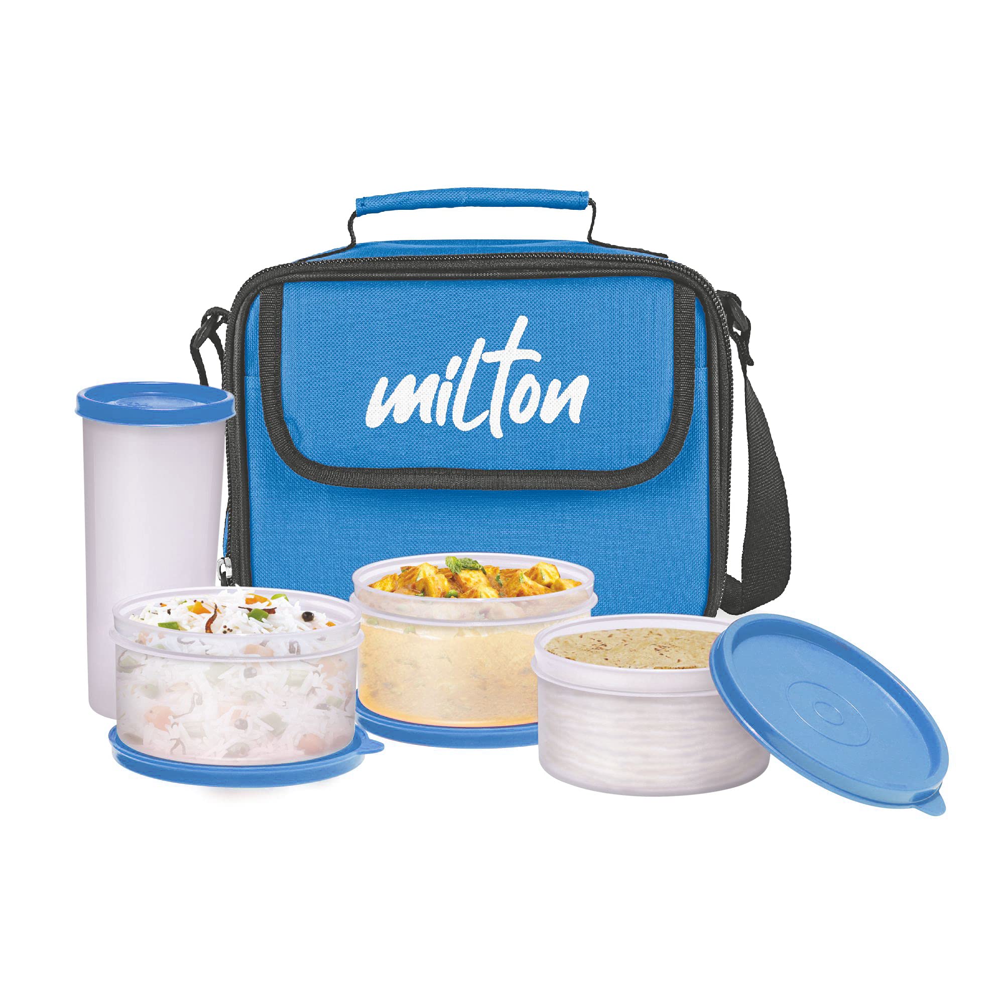 Milton New Meal Combi Lunch Box, 3 Containers, 280 Ml Each And 1 Tumbler, 400 Ml, Cyan | Food Grade | Light Weight | Dishwasher 