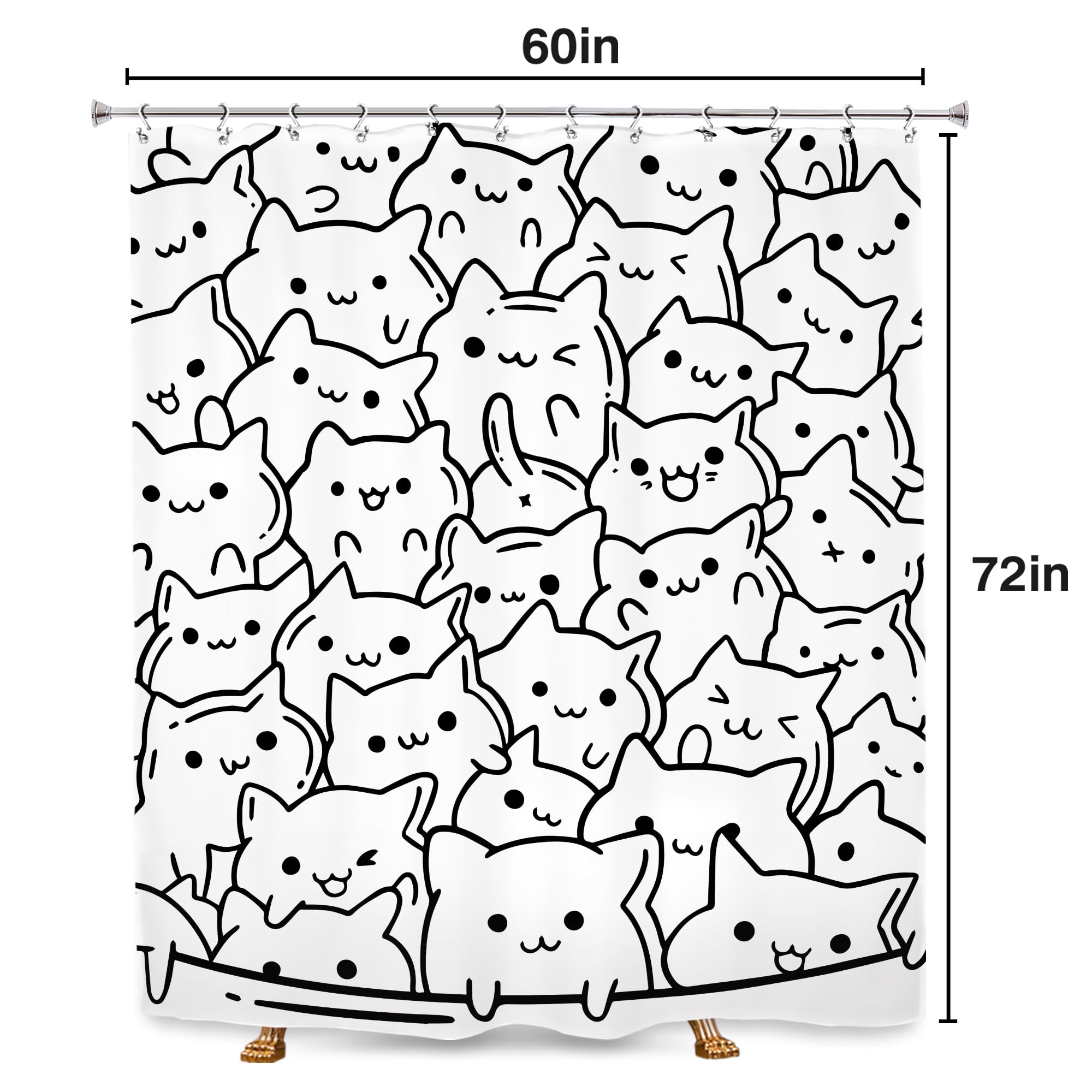 SVBright Cat Shower Curtain 60Wx72L Inch Kids Funny Black White Animal Cute Silhouette Kitty Kitten Simple Line Humor Girls Boys 12 Pack Hooks Polyester Waterproof Fabric Bathroom Bathtub Panels