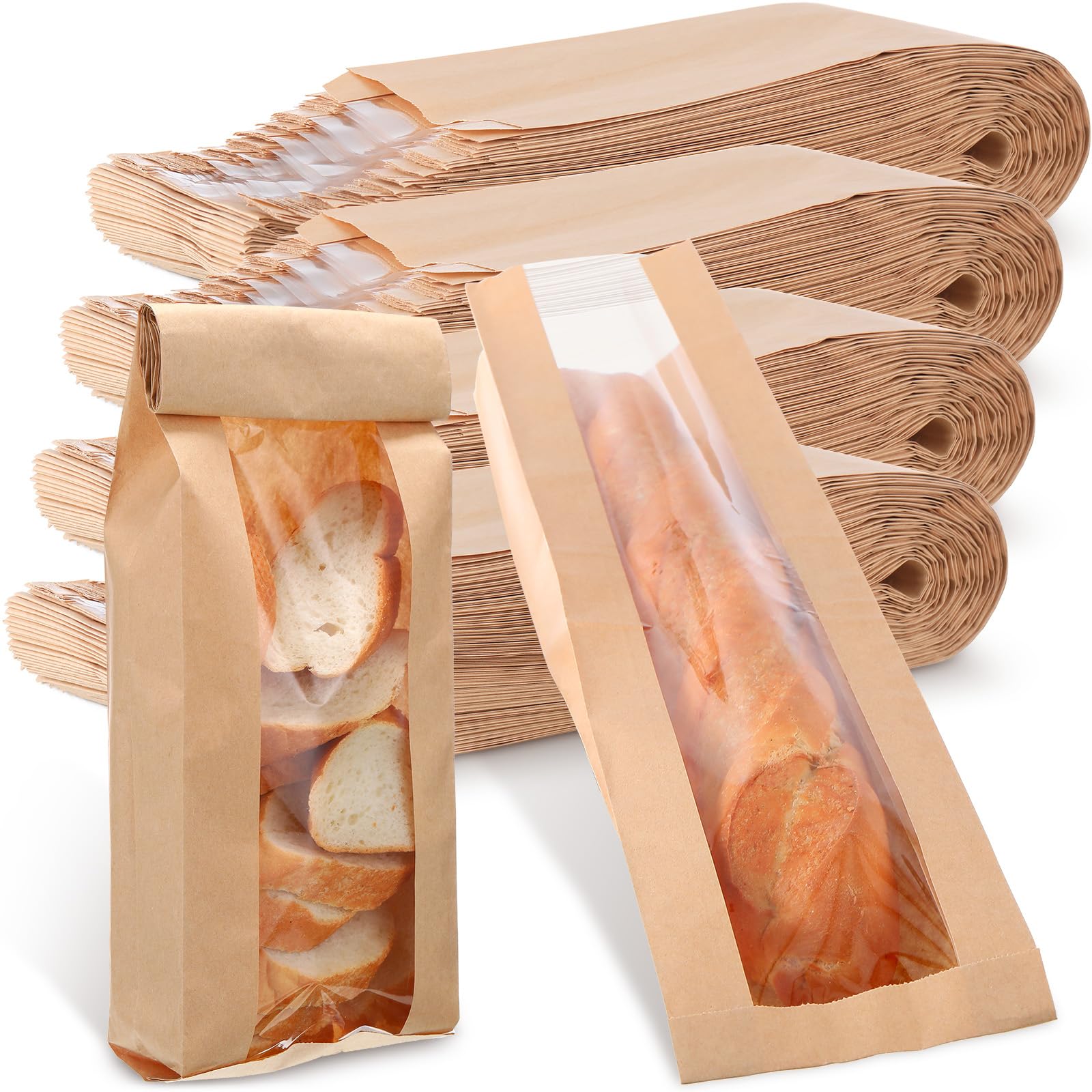 Thenshop 200 Pieces Paper Bread Bag with Window for Homemade Bread Bags Brown Kraft Loaf Storage Sacks Long French Biscuits Pack