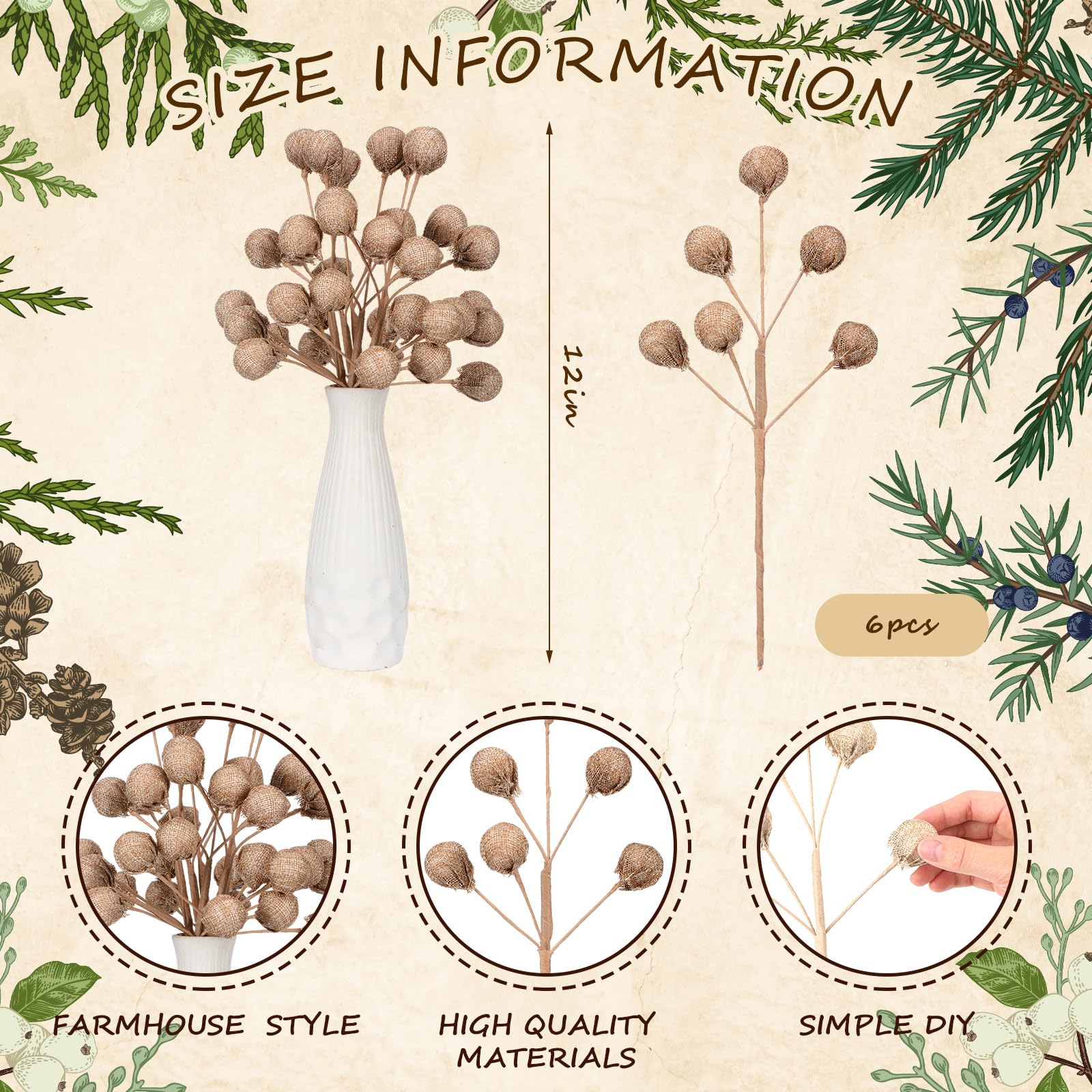 Tigeen 6 Pcs Burlap Spheres Ball Pick Farmhouse Christmas Tree Decoration Rustic Christmas Tree Ornaments Topper DIY Crafts Xmas