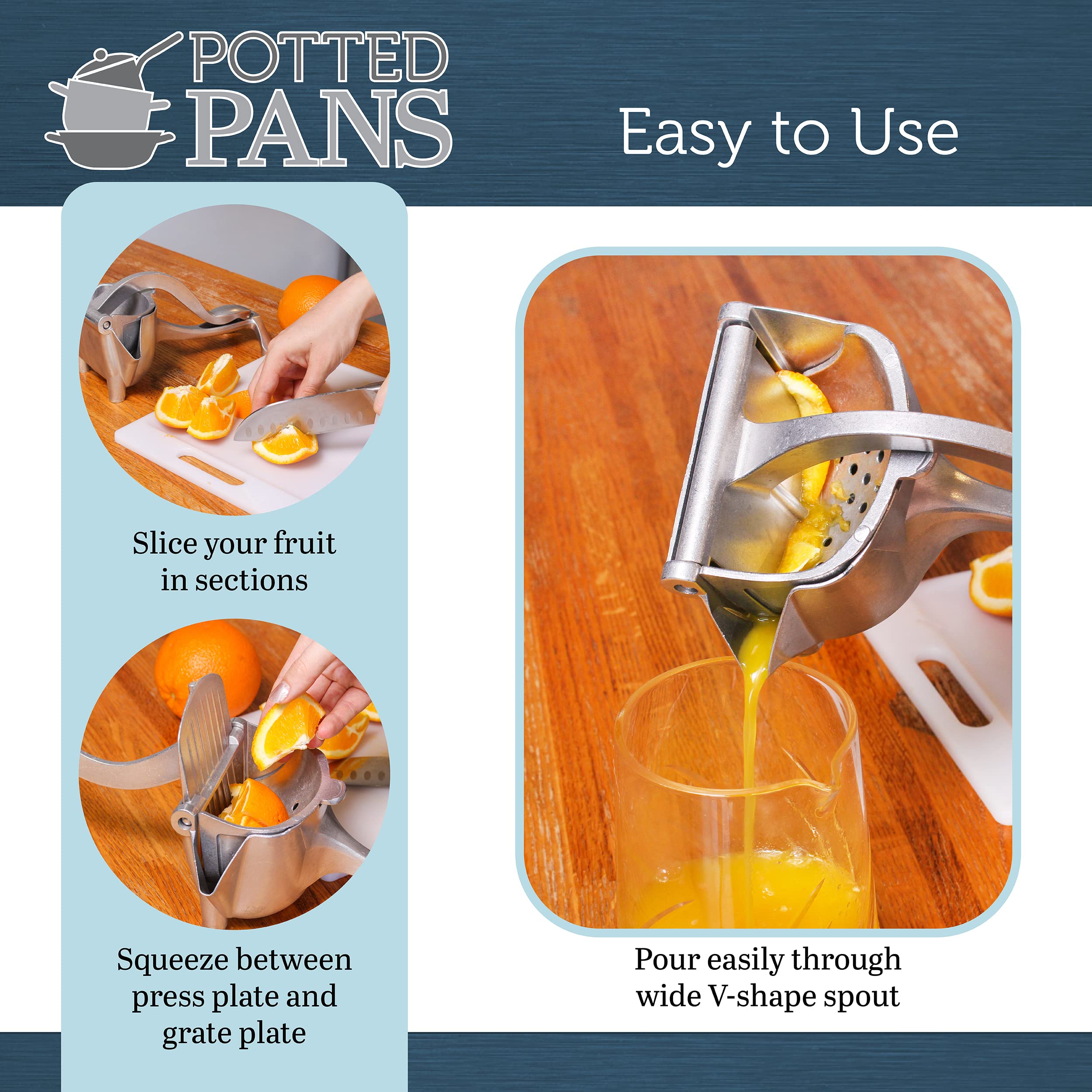 Potted Pans Manual Citrus Juicer Hand Press - 6.4Oz Large Metal Lemon Squeezer For Orange Lime Grapefruit More