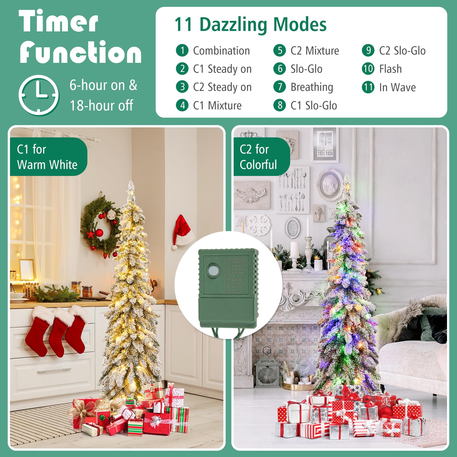 Goplus 5ft Pre-Lit Flocked Pencil Christmas Tree, Artificial Slim Xmas Tree with 334 PVC Branch Tips, 150 LED Lights, 2 Lighting