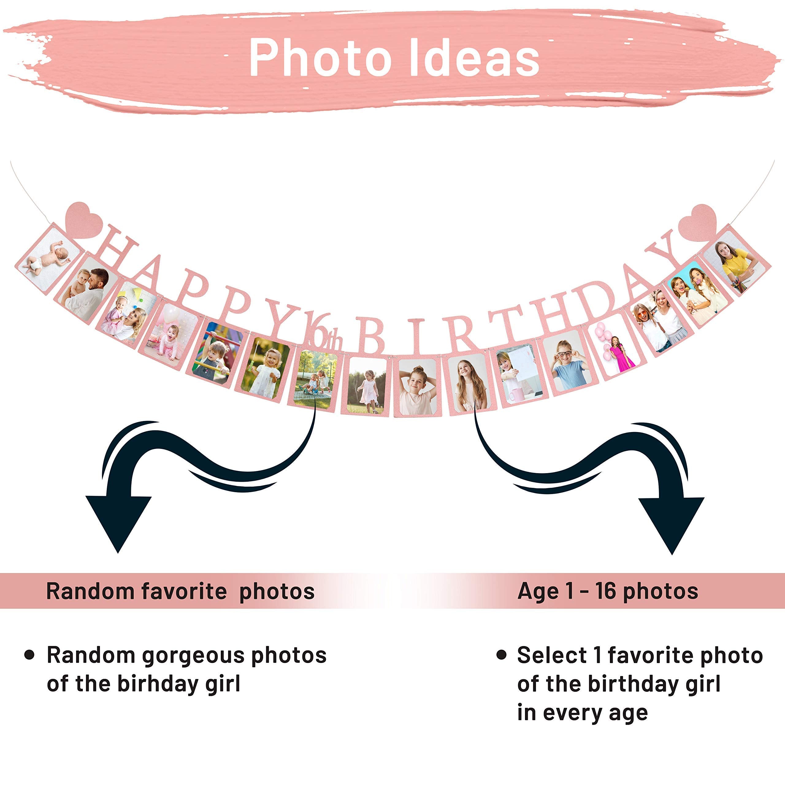 Sweet 16 Birthday Decorations Photo Banner In Rose Gold Pre-Assembled - Sweet 16 Banner With Sixteen Photo Card Frames Party Sup