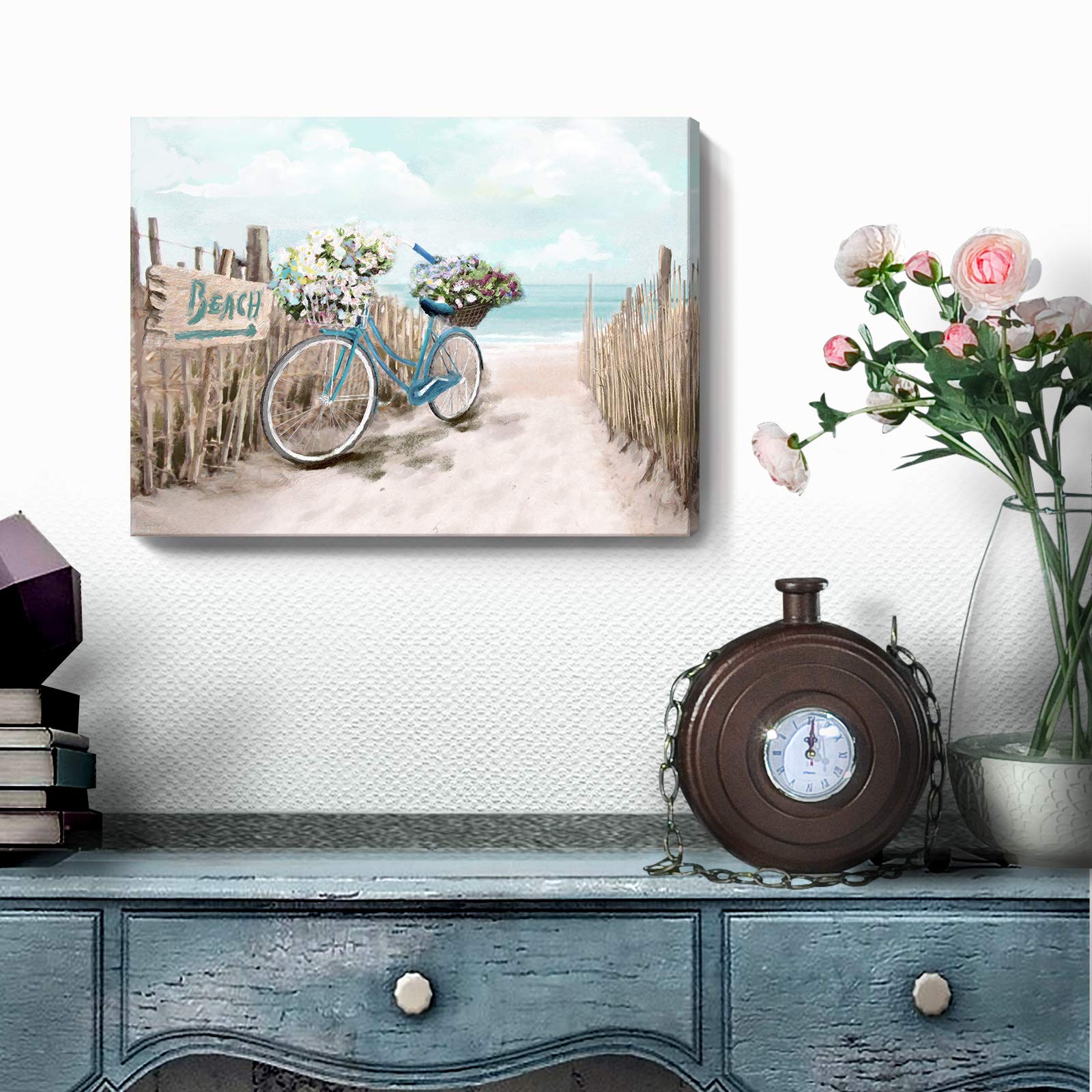Beach Canvas Wall Art For Bathroom Ocean Pictures Seaside Bicycle Canvas Print Seascape Painting Framed Teal Aqua Blue Calming S