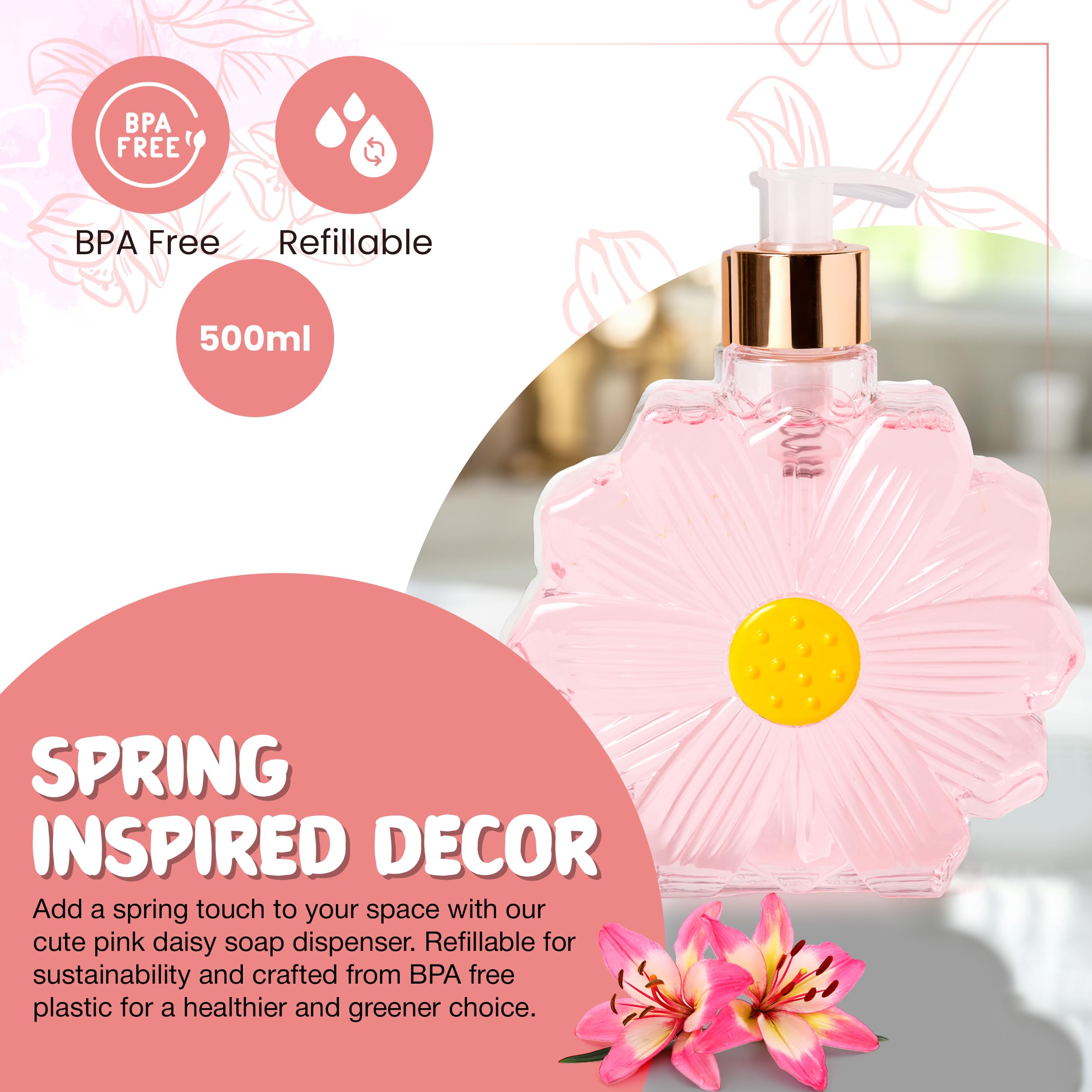 Simple Pleasures Pink Daisy Soap Dispenser - Cute Hand And Dish Soap Dispenser For Kitchen And Bathroom D  Cor - Cool Liquid Soa