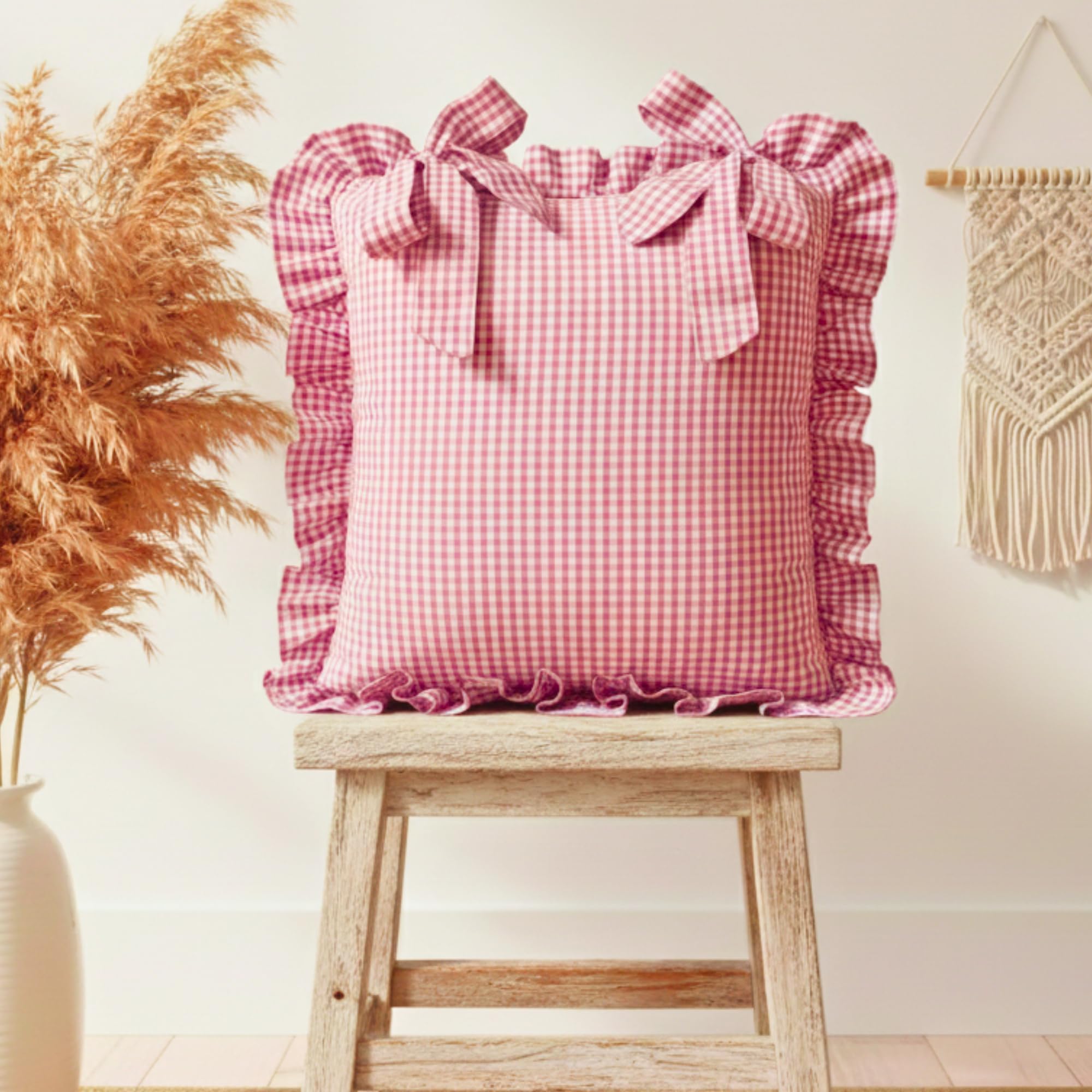Sleepy Threads Soft Cotton Cushion Cover Checkered Pattern In Pink Colour With Frills On Border For Sofa,Living Or Bedroom, Deew