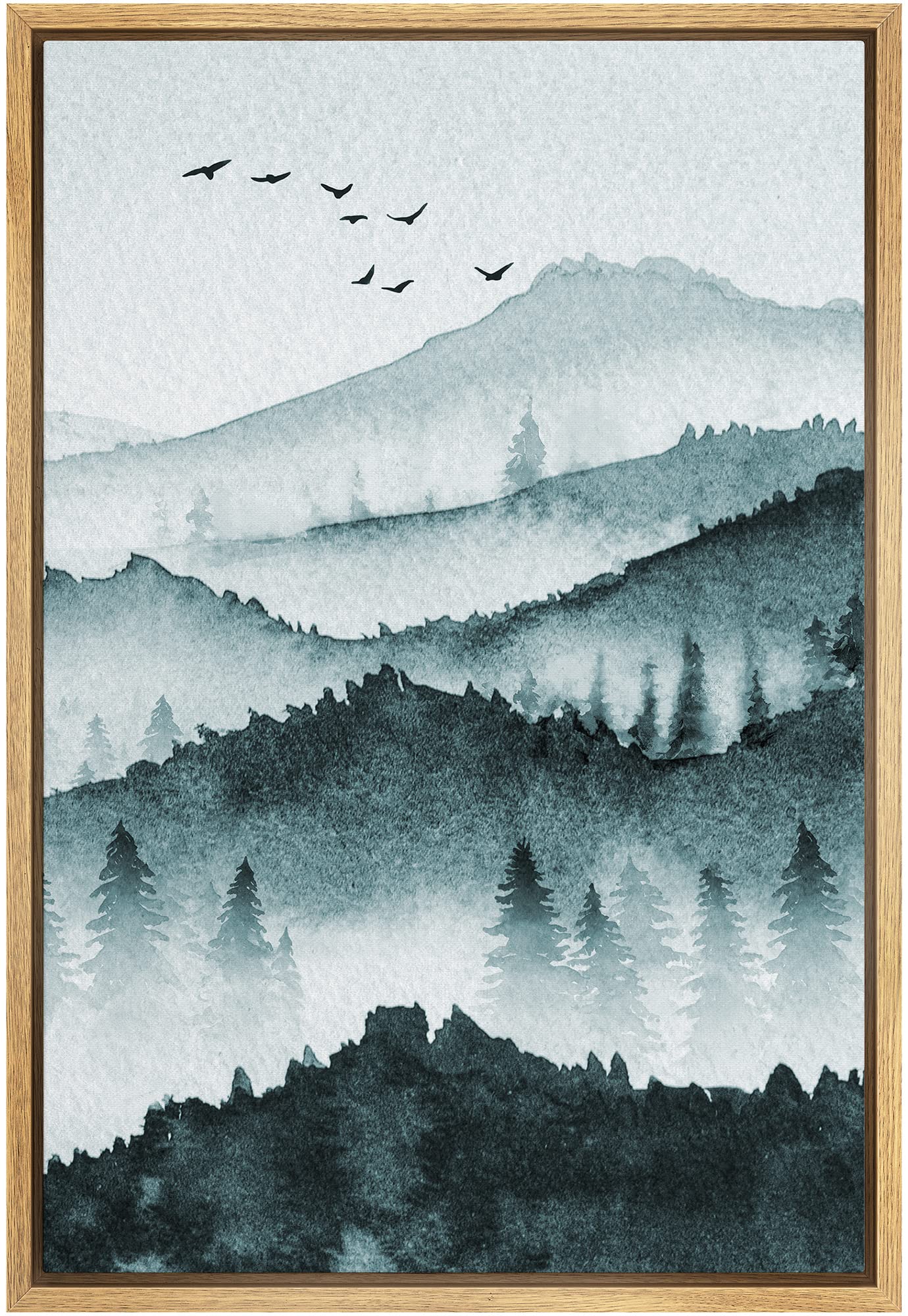 Signwin Framed Canvas Print Wall Art Woodland Nursery Decor Birds Flying Watercolor Mountain Forest Nature Modern Art Decorative