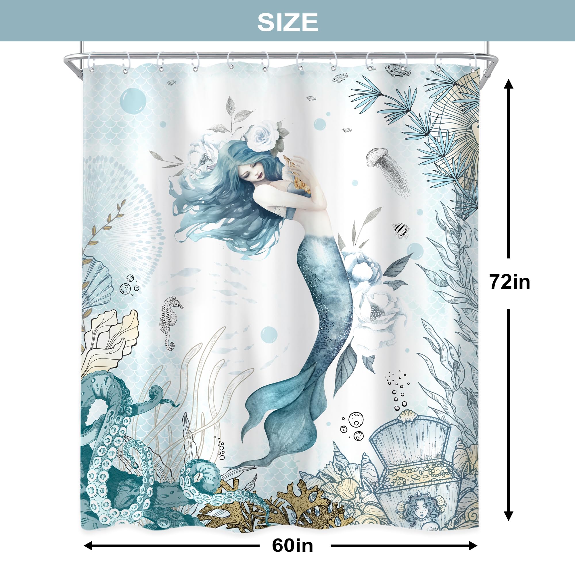 Newsely Mermaid Shower Curtain 60Wx72H Inch Nautical Blue Sea Ocean Octopus Coastal Coral Underwater Fish Seashell Jellyfish Tea