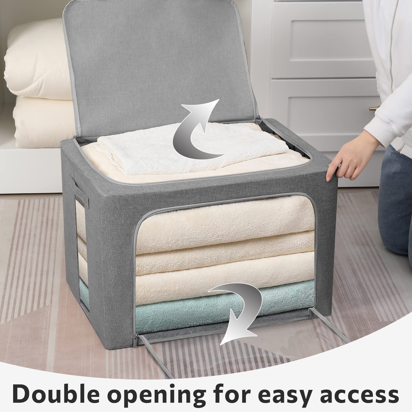 Extra Large Clothes Storage Bins - Foldable Metal Frame Storage Box - Stackable Linen Fabric Box Organizer Set with Carrying Han
