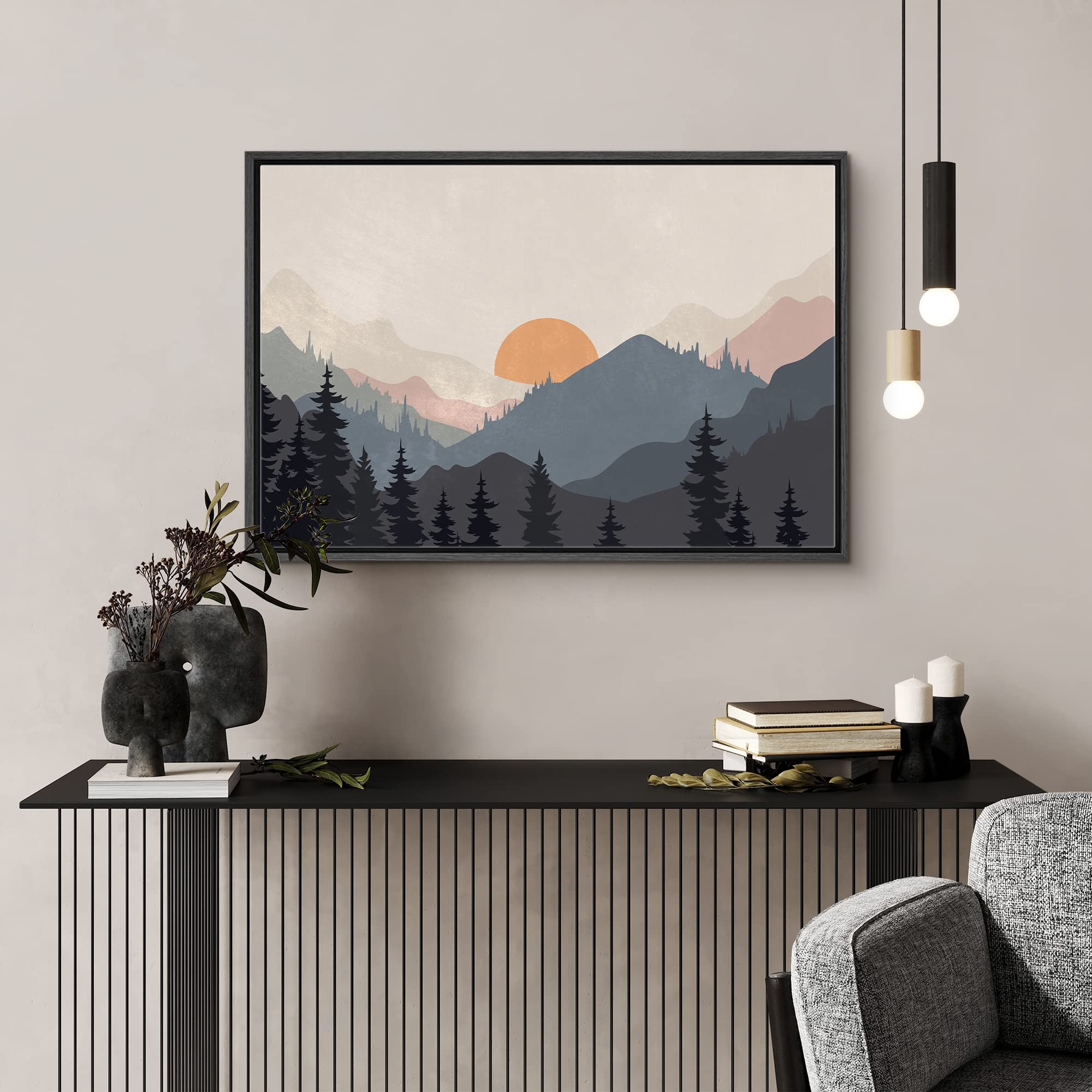 Signford Framed Canvas Print Wall Art Woodland Nursery Decor Sunrise Pastel Mountain River Nature Wilderness Modern Art Decorati