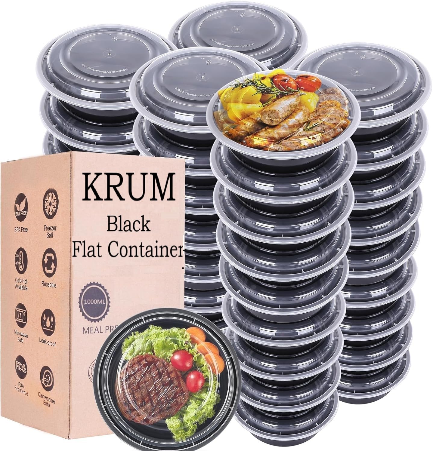 Krum Black Flat Container With Lid | Microwave & Freezer Safe Food Box | Flat Round LeakResistant Meal Storage Container For Ki