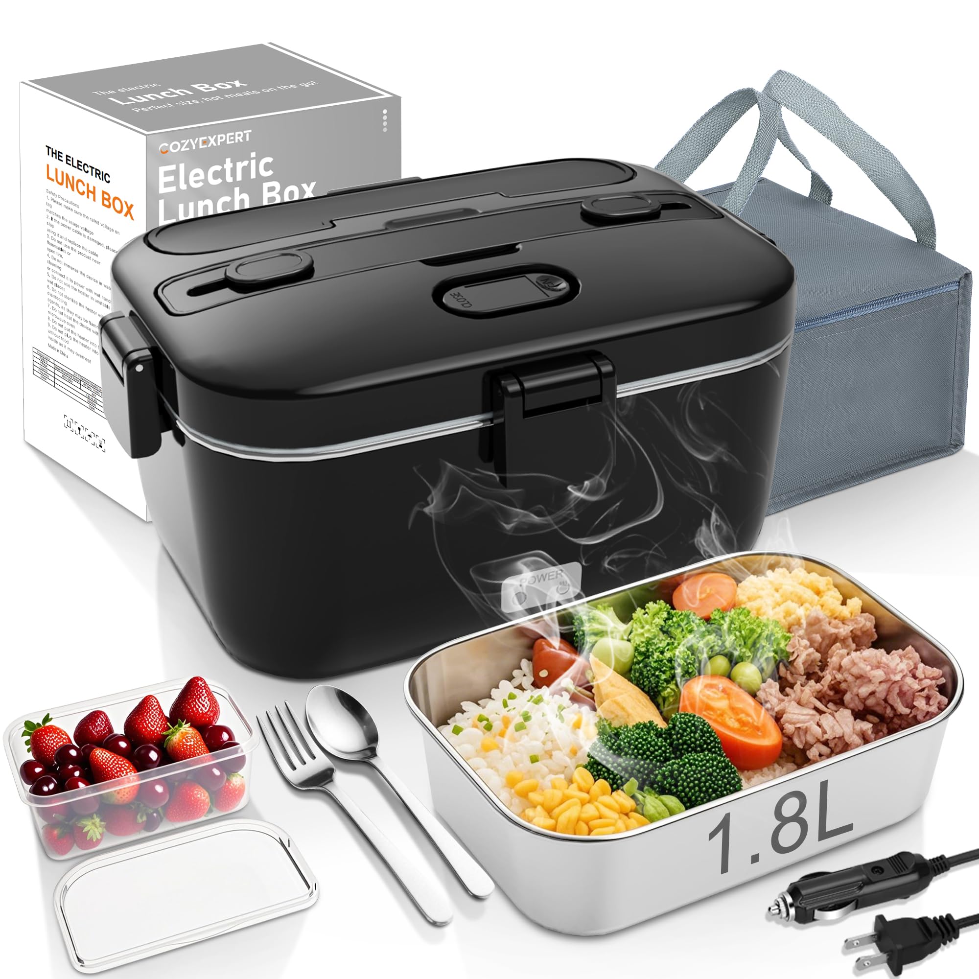 COZYEXPERT Electric-Lunch-Box-Heated-Food-Warmer 100W Heating Lunchbox for Adults 1.8L Portable Food Heater for Work/Car, 12V/24