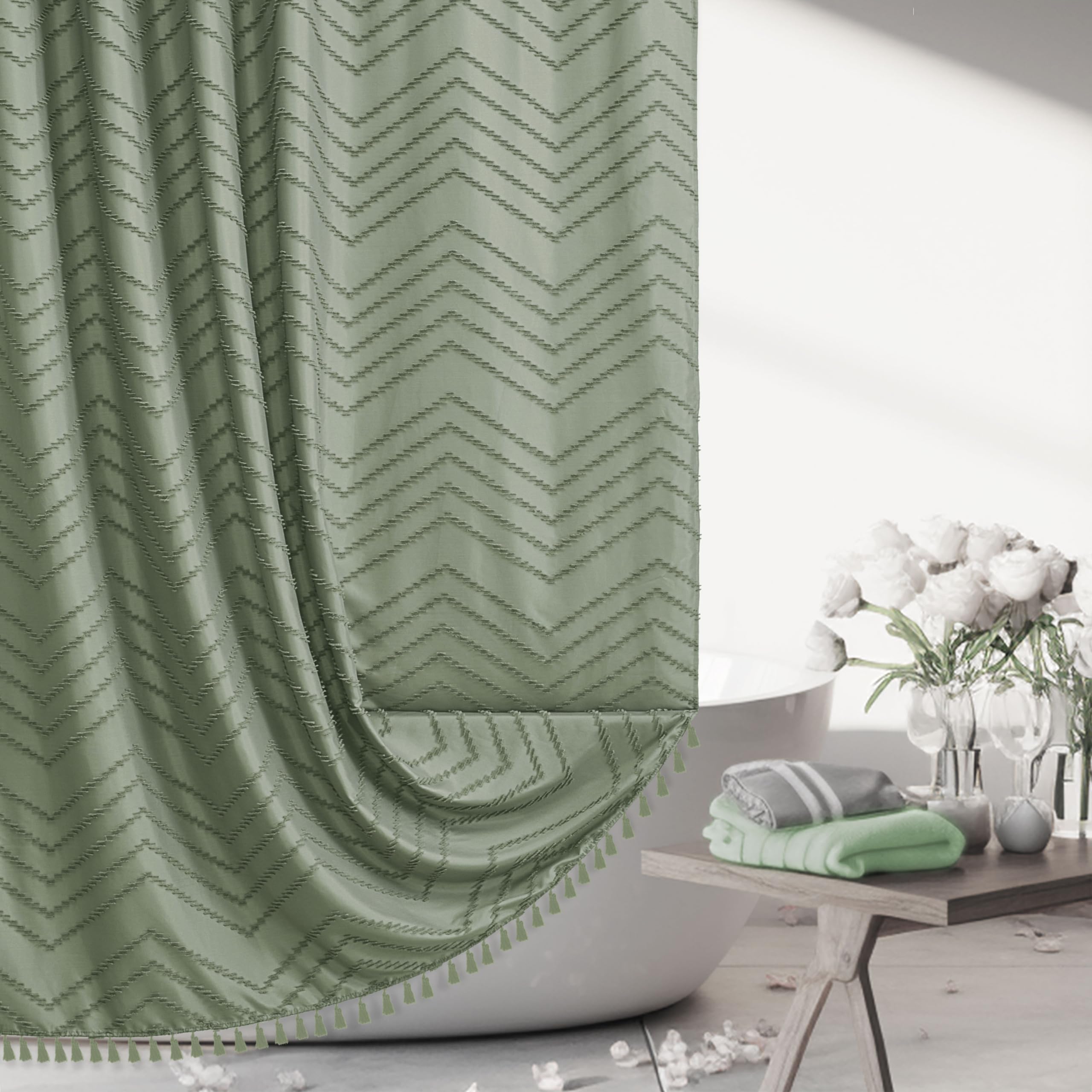 Boho Shower Curtain With Tassel Woven Fabric Sage Green Shower Curtain 72 X 72 Modern Farmhouse Textured Tufted Chevron Striped