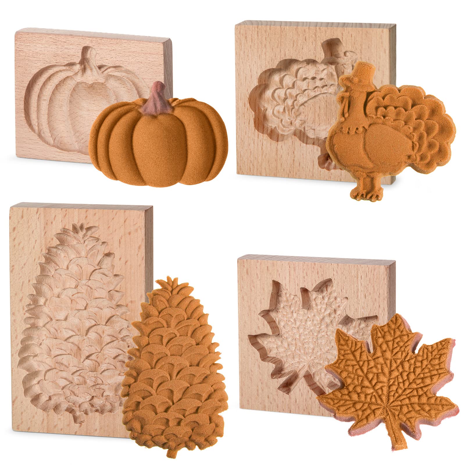 Eboot 4 Pcs Thanksgiving Wooden Cookie Molds for Baking 3D Press