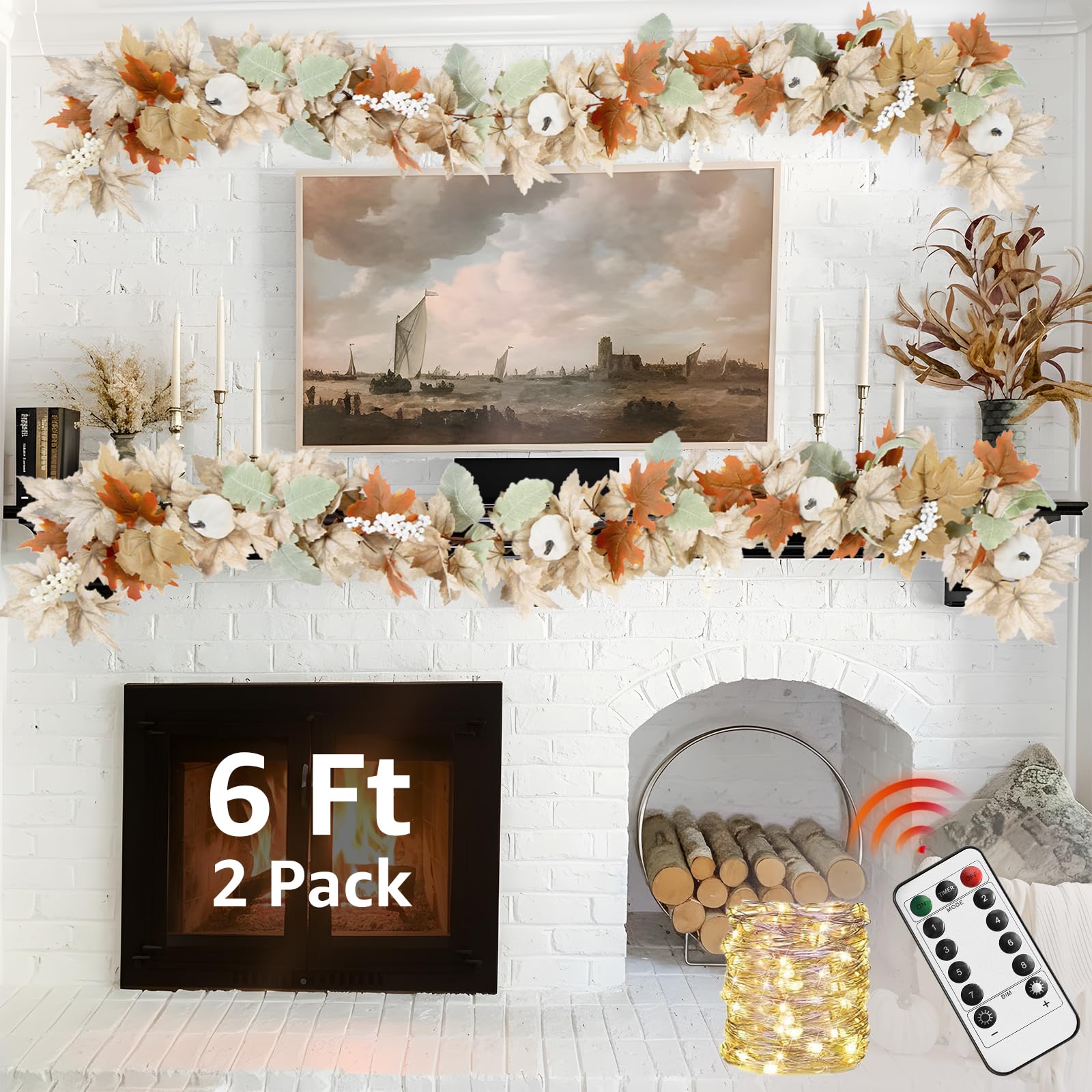 Neutral Fall Garland for Mantle Fireplace - 2 Pack 6Ft Outdoor Autumn Leaves Decor for Home Indoor Maple for Farmhouse Front Doo