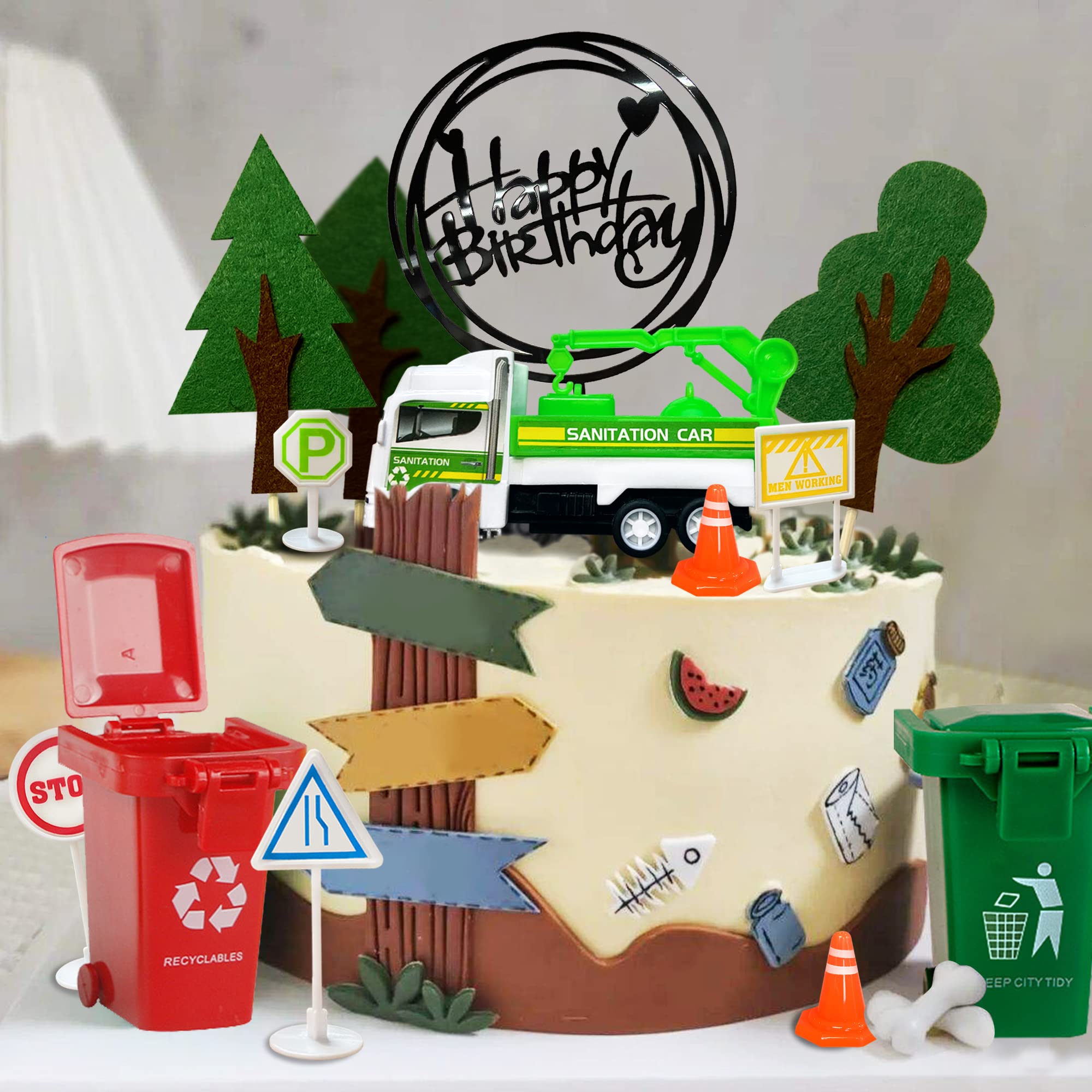 17Pcs Garbage Truck Cake Topper Trash Truck Cake Decorations Trash Can Birthday Party For Trash Truck Waste Management Recycling