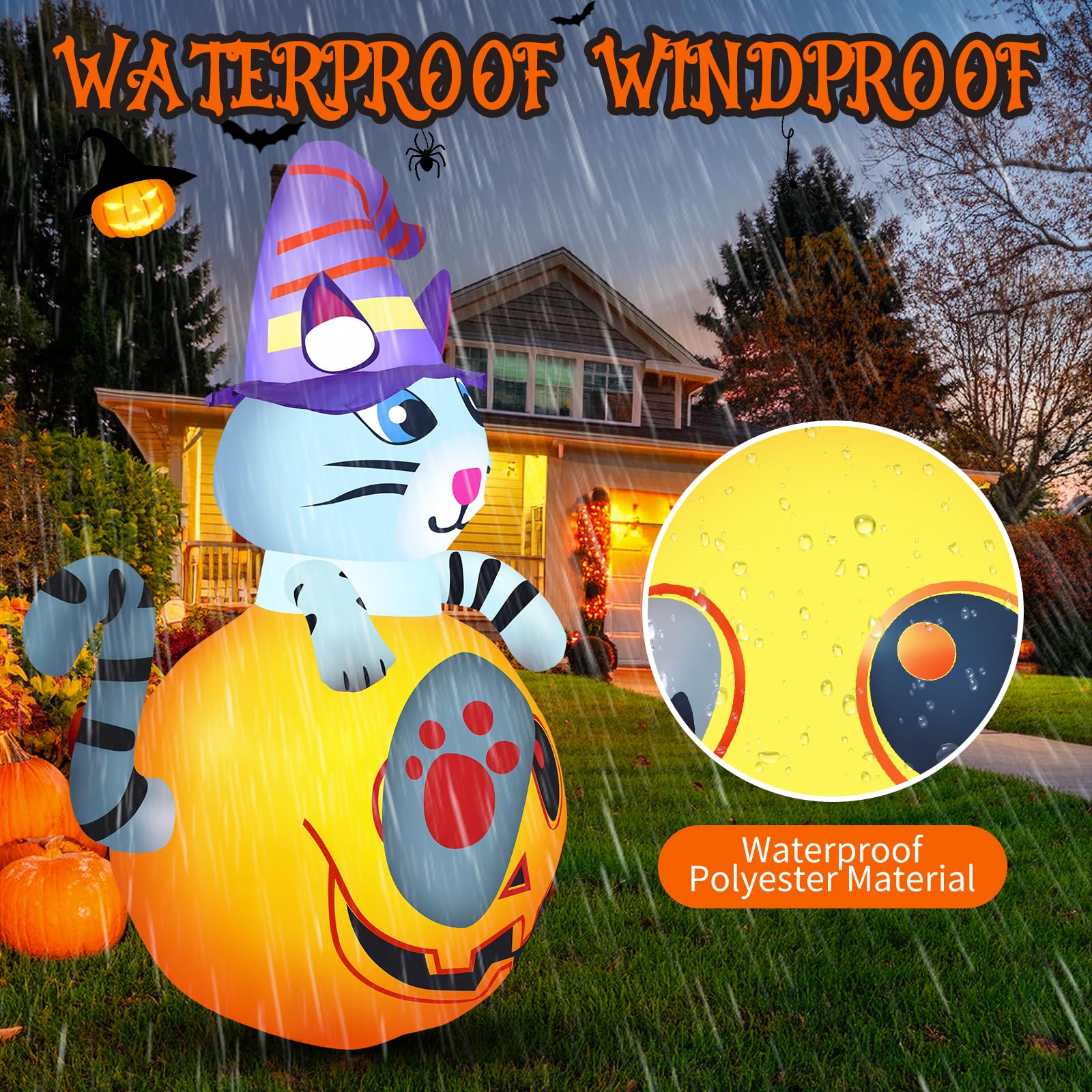 5.5ft Halloween Inflatables Cute Pumpkin Cat Outdoor Decorations Blow Up Yard Decor with Witch Hat Outside Kids Friendly Hallowe