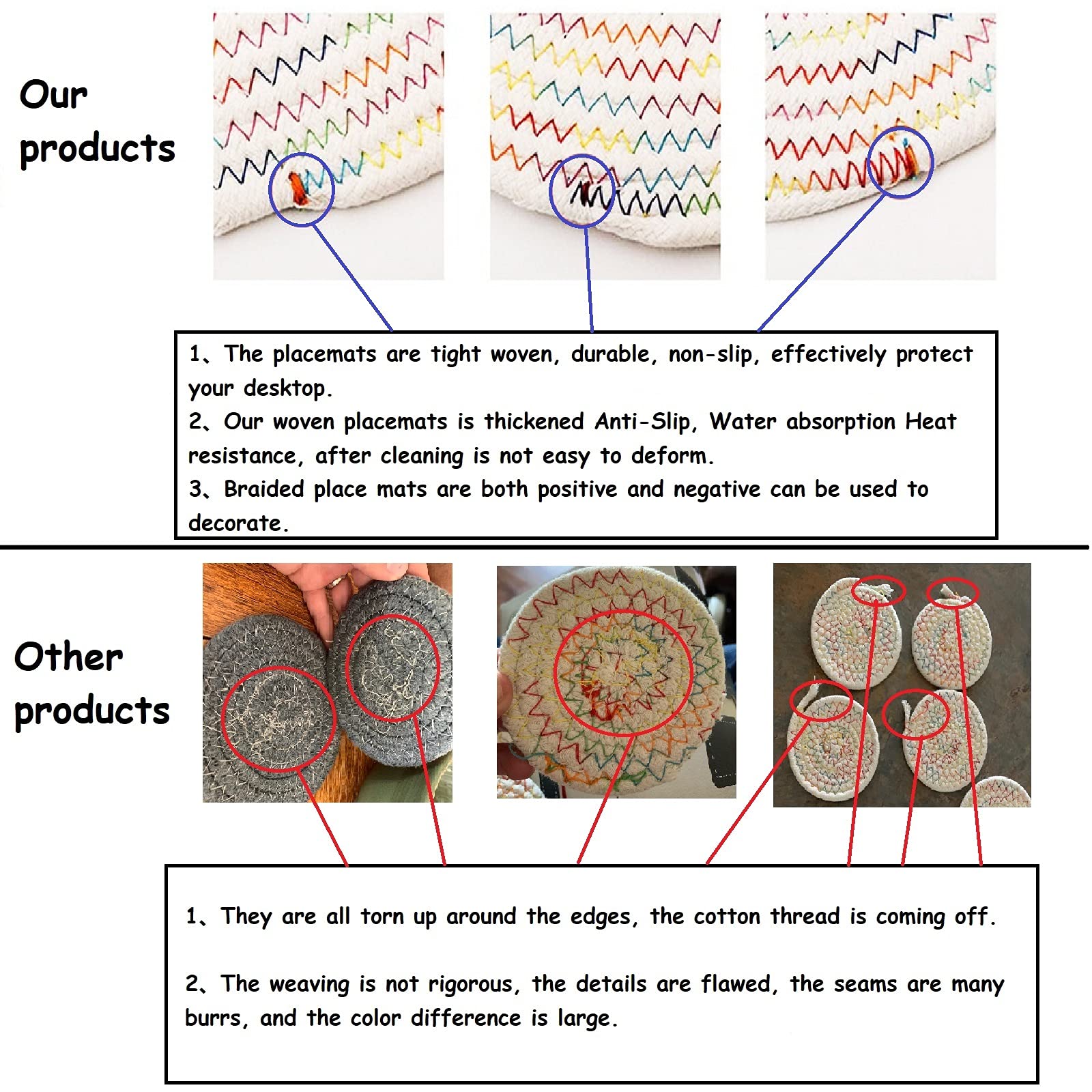 Wenfome 6 Pack Round Woven Placemats,13.8 Inch Plate Chargers Brown Cotton Thick Place Mats Cotton Rope Braided Tablemats Rattan