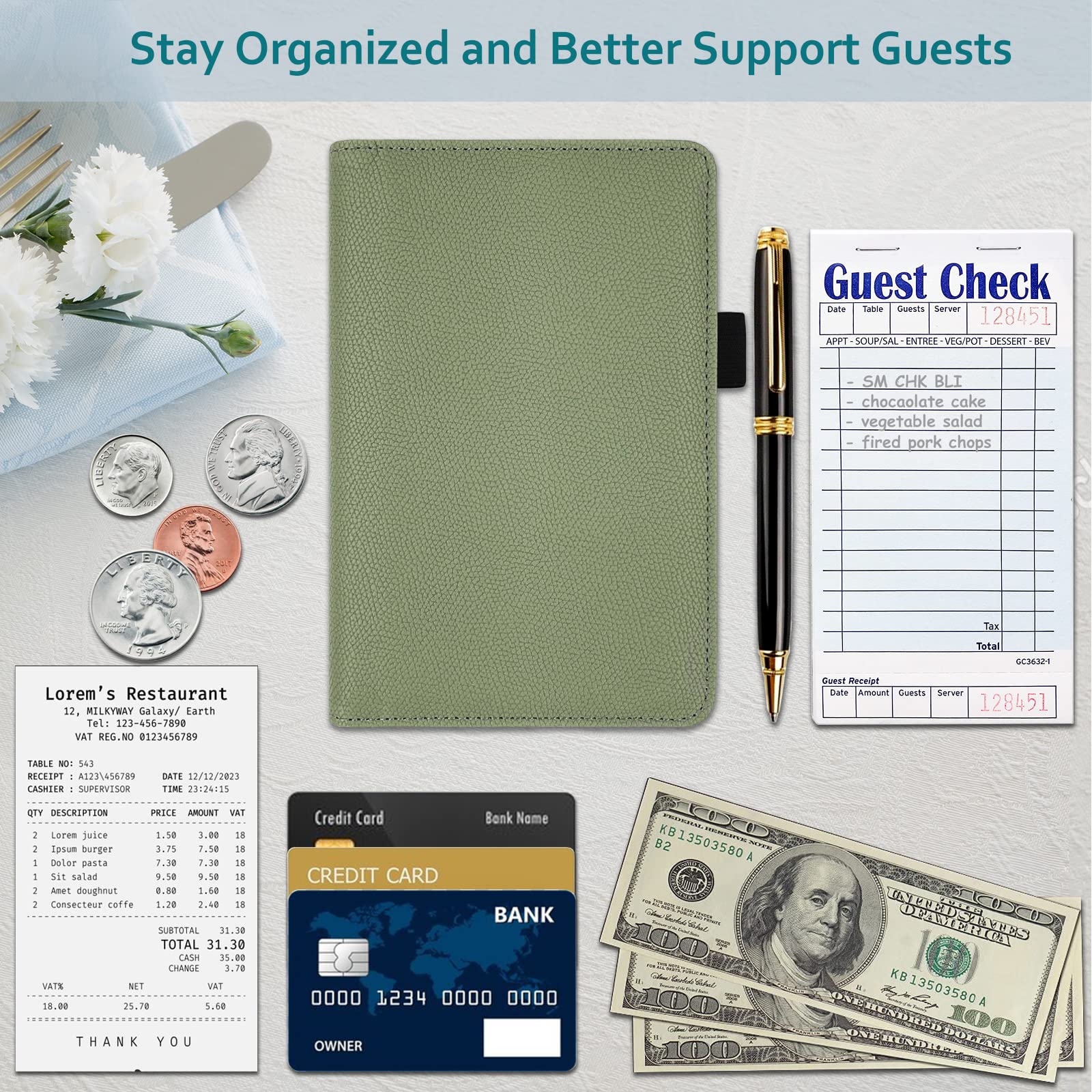 RSAquar Premium Leather Server Book, Sage Green, New Size with Zipper Pocket, Model RsSeBk2022Sage