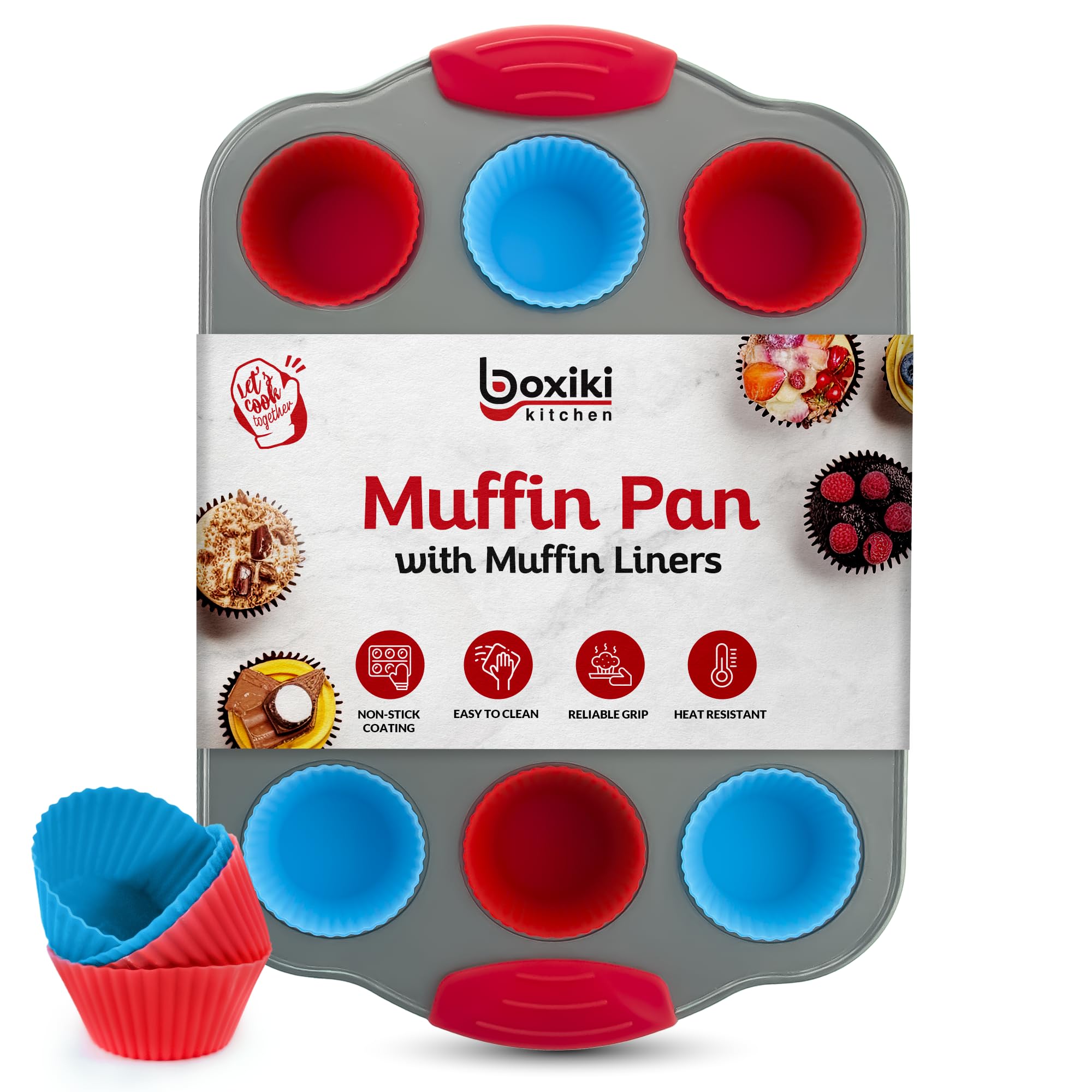Boxiki Kitchen 12 Cup Mini Muffin Pan With Silicone Muffin Liners (Set Of 12). Professional Cupcake Pan For Baking Muffin Mold,
