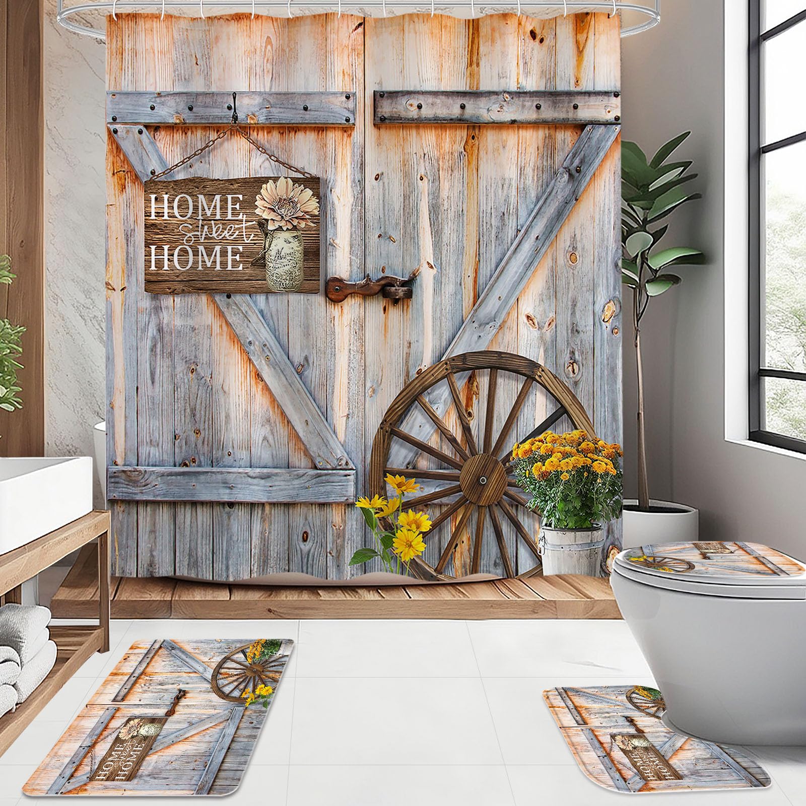 Litabel 4 Pcs Rustic Farmhouse Door Shower Curtain Set With Non-Slip Rugs, Toilet Lid Cover And Bath Mat, Countryside Flowers Ba